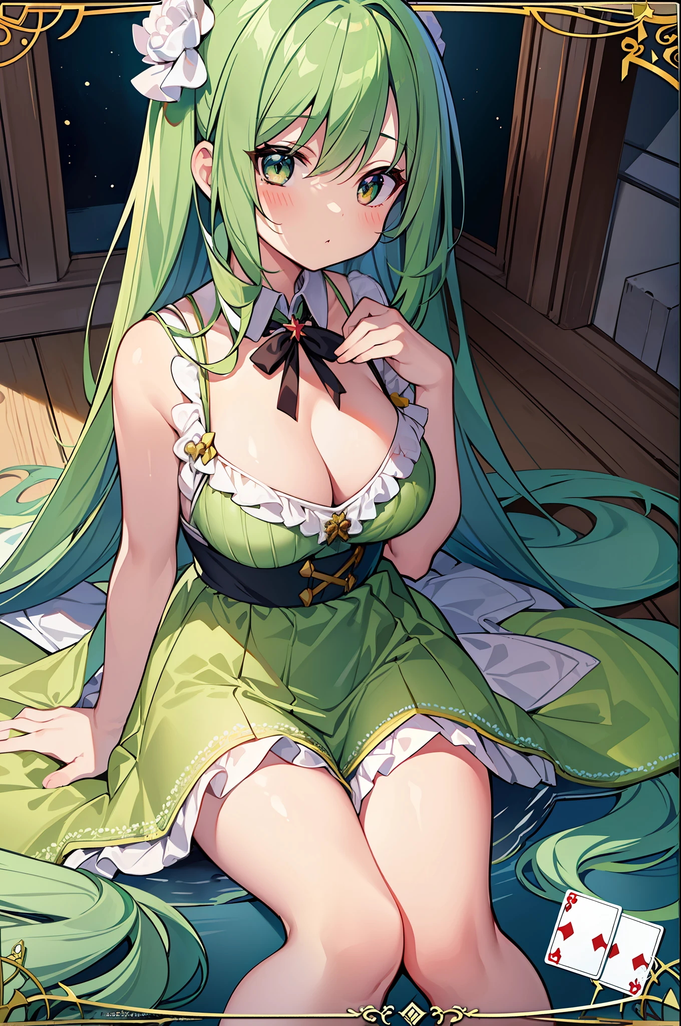 (Masterpiece), (Best Quality), (Super Detail), Official Art, One , Pale Green Hair Loli, Dress, Sleeveless, Small Breasts, Cleavage, Thigh Focus, Card Illustration, Wind