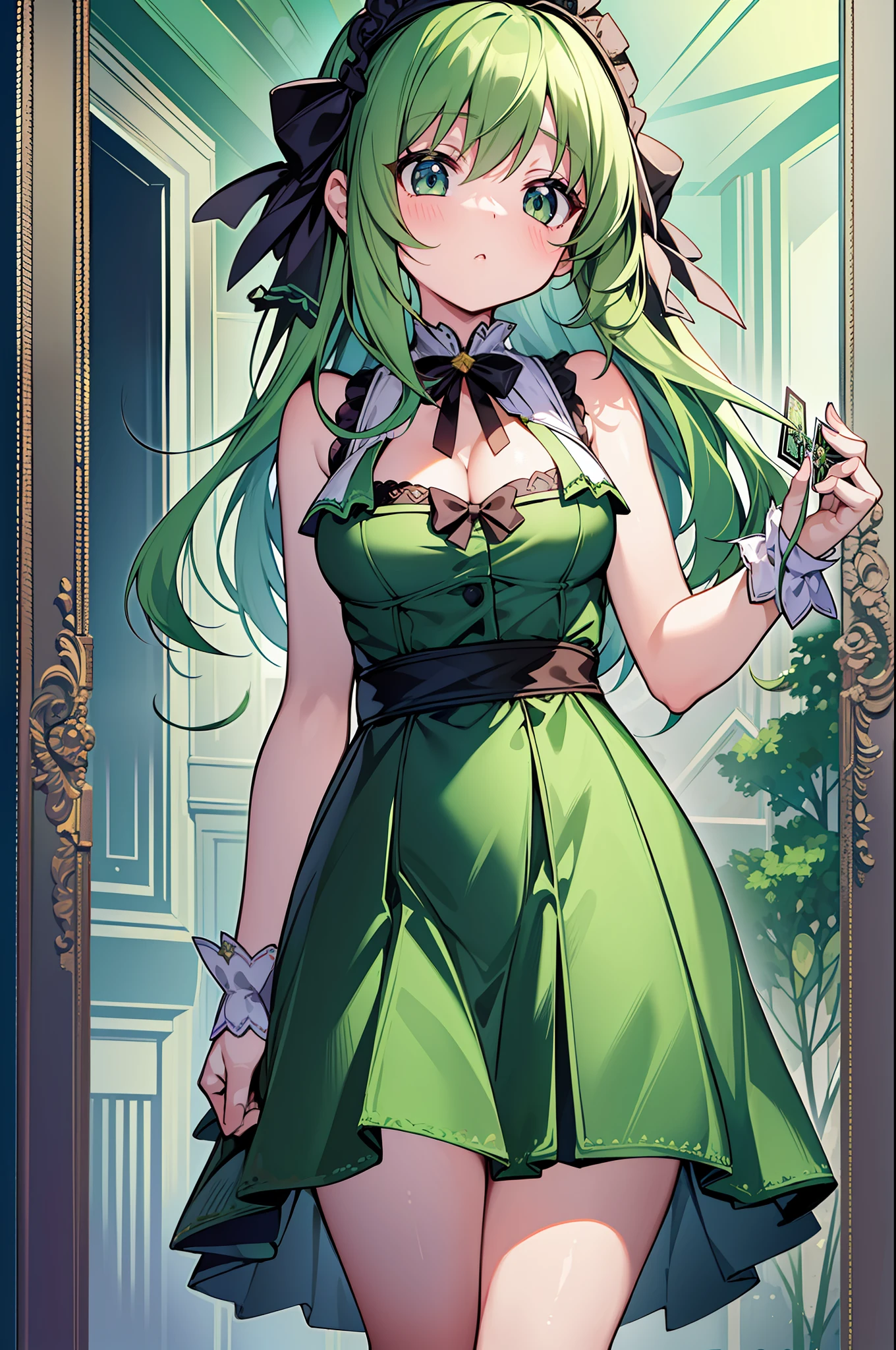 (Masterpiece), (Best Quality), (Super Detail), Official Art, One Little Girl, Pale Green Hair Loli, Dress, Sleeveless, Small Breasts, Cleavage, Thigh Focus, Card Illustration, Wind