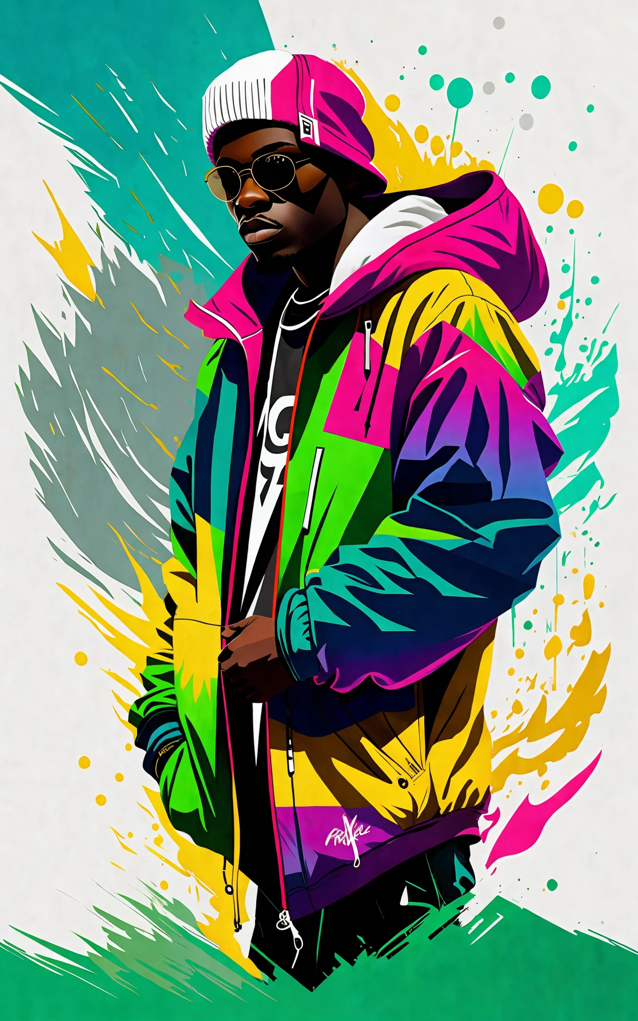 For the streetwear design style vector print, we suggest the following description:
The print features a stripped-down, urban style with graphic elements and vibrant colors. The background is white, providing an intense contrast with the other colors of the print.
In the center of the print, there is an illustration of a cartoon-style character, with strong strokes and striking outlines. The character presents a courageous and confident posture, with a determined look. He wears a hooded jacket and baggy pants, with green and pink accents.
Around the character, there are a number of graphic elements such as clouds, smoke and lightning. The clouds are white, with thick strokes and curved shapes, giving the feeling of movement. The smoke is grey, with fine strokes and abstract shapes. The rays are yellow and red, with fine strokes and pointed shapes, giving the feeling of energy.
The graffiti-style letters complement the print, with the word "Streetwear" written in large, bold letters just below the character. The lyrics feature an urban, laid-back style with vibrant colors and shadows.
The print is ideal for T-shirts and fashion accessories, providing a stripped down and urban style, with graphic elements and vibrant colors.