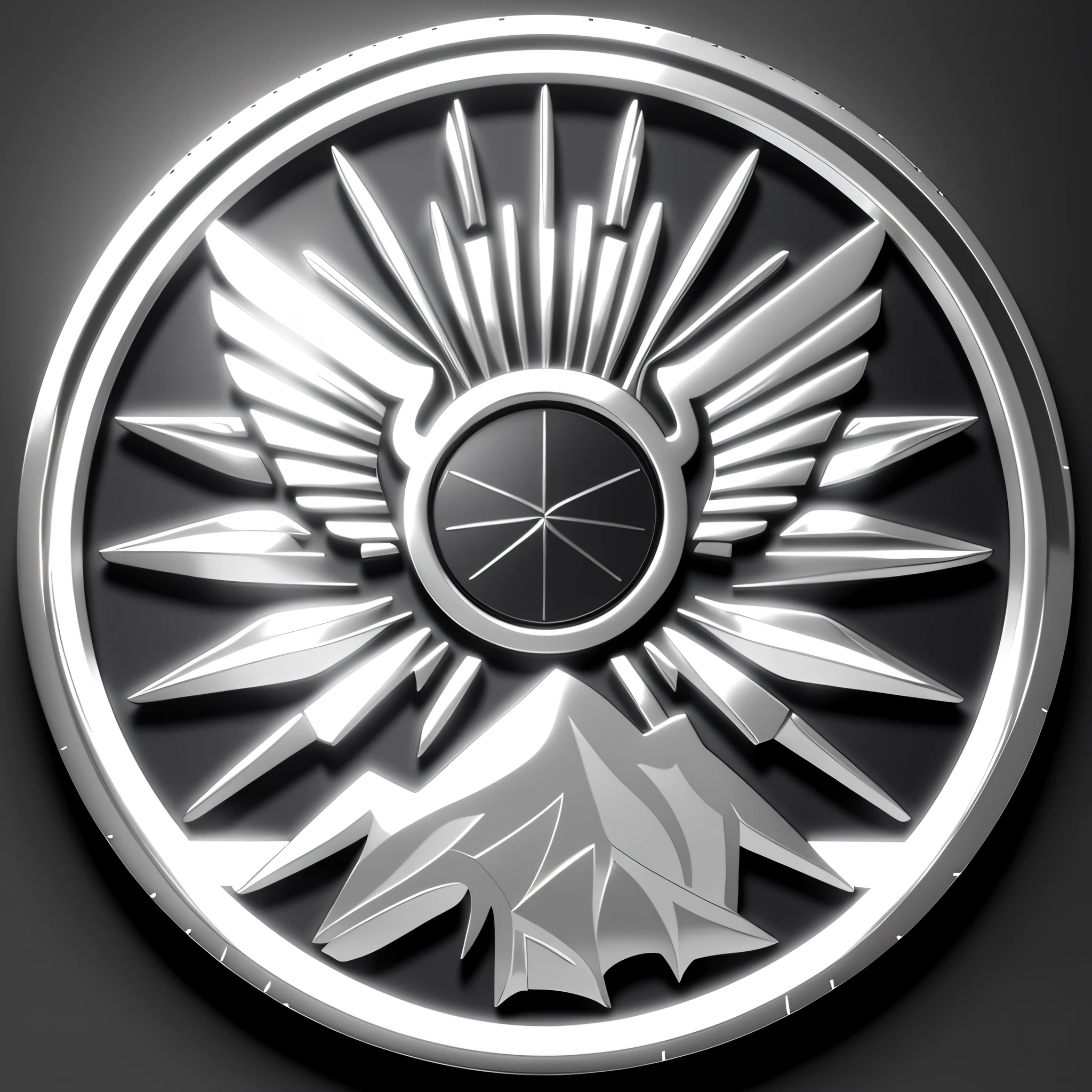 a closeup of a silver circular logo, silver insignia, with an emblem of a rising sun with wings, imperial symbol, silver wings insignia, shield emblem, silver insignia, unique logo, game icon asset, 3d icon for game, realistic silver coin, dark background, realistic silver