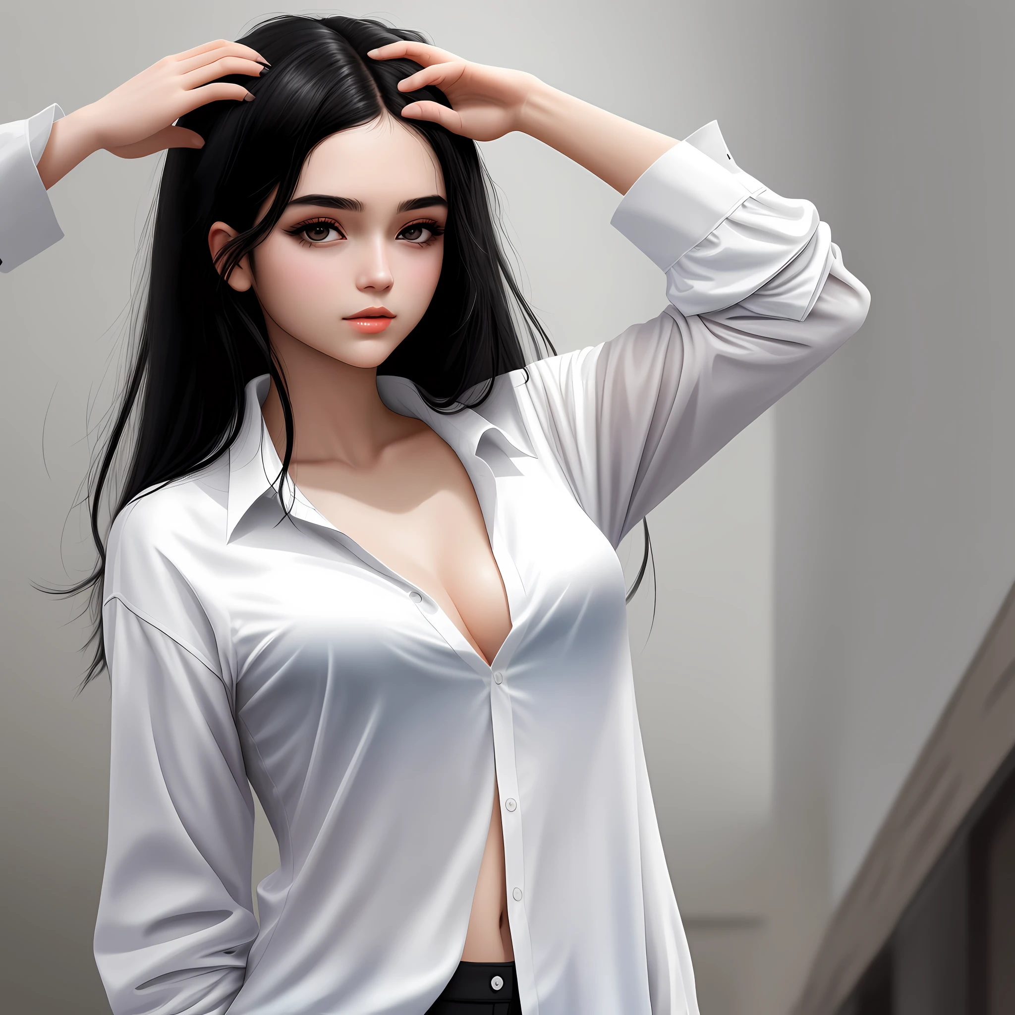Best quality, masterpiece, girl, black hair, black eyes, white shirt