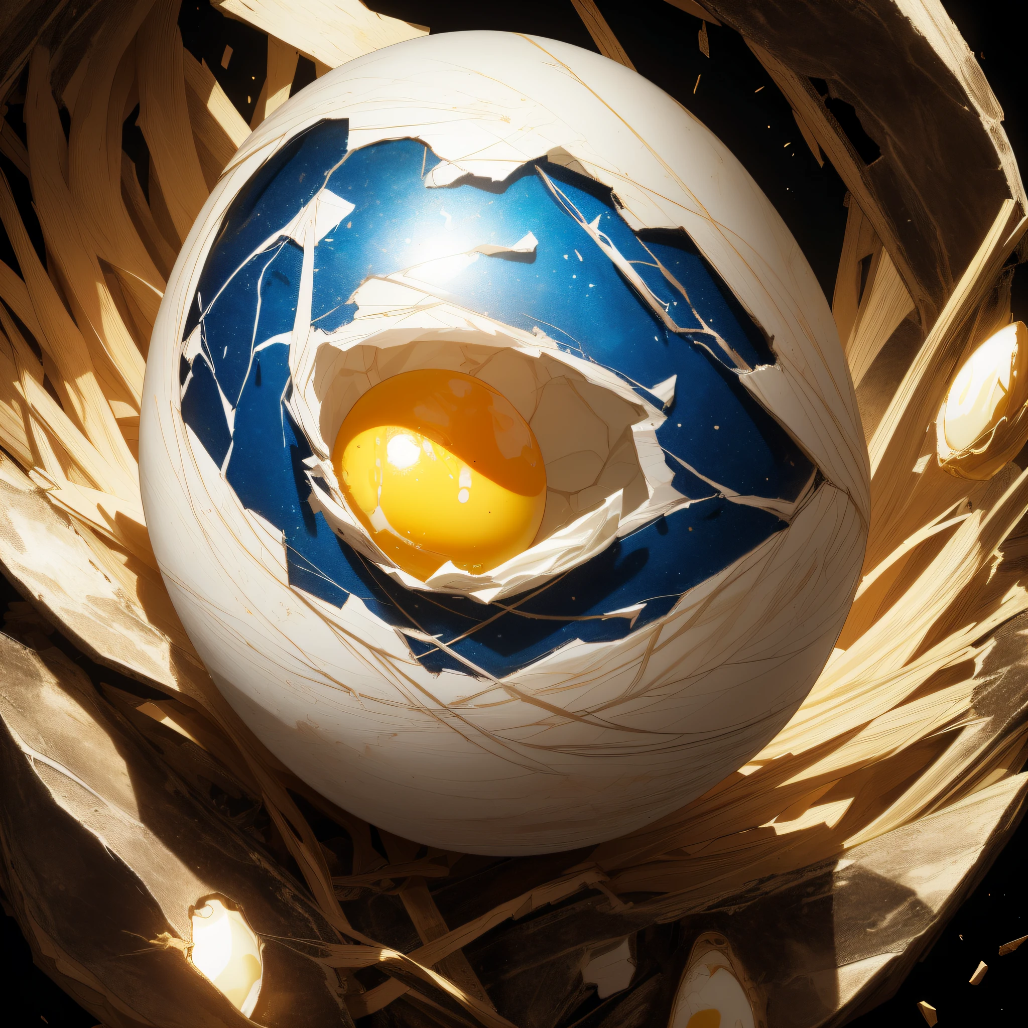 Cracked egg, broken shell (best quality: 1.1) (masterpiece: 1.3) with unparalleled masterpiece, surreal 8K, perfect artwork, super detail, best quality, masterpiece 4K wallpaper aesthetics, masterpiece, award-winning artwork, official art, cinematic lighting