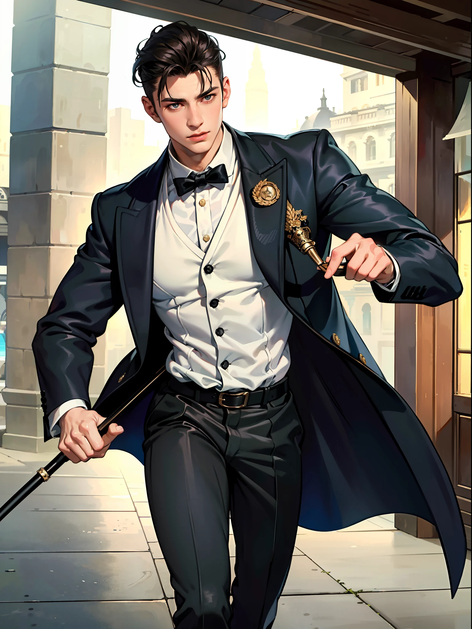 Realistic, detailed, ung pumped man, wearing a Victorian style overcoat, holding a cane, detailed face, detailed hair, detailed hands, detailed legs, detailed eyes, detailed skin, dynamic lighting, detailed face, detailed hands, detailed legs, detailed fingers, detailed hair, detailed eyes, detailed skin, dynamic lighting, (photorealistic: 1.4), 8k uhd, (hyper realistic), (photorealistic), (masterpiece), (best quality)
