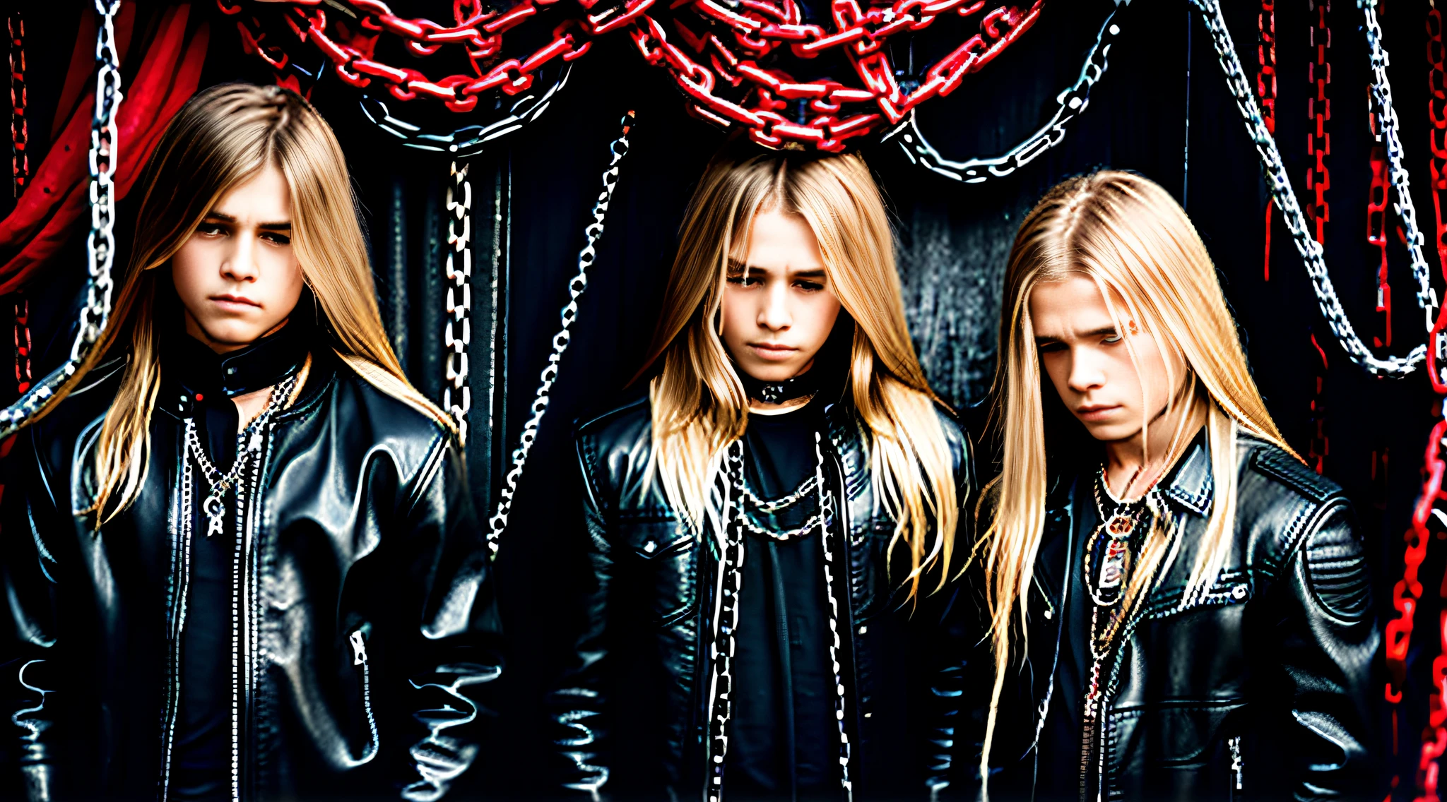 Russian children boys with , WITH LONG STRAIGHT HAIR BLONDE, PORTRAIT STYLE, WITH BLACK LEATHER JACKETS AND BLACK CLOTHING, there is a chain that has been broken and is being held together, chains and red fluid background, dragging a pile of chains, broken chains in the hands, photographic illustration, broken handcuffs, thick shiny chains, chains,  chain, ((chains)), asleep in chains, human body breaking, man is wrapped in chains, artistic rendering, piece of art
