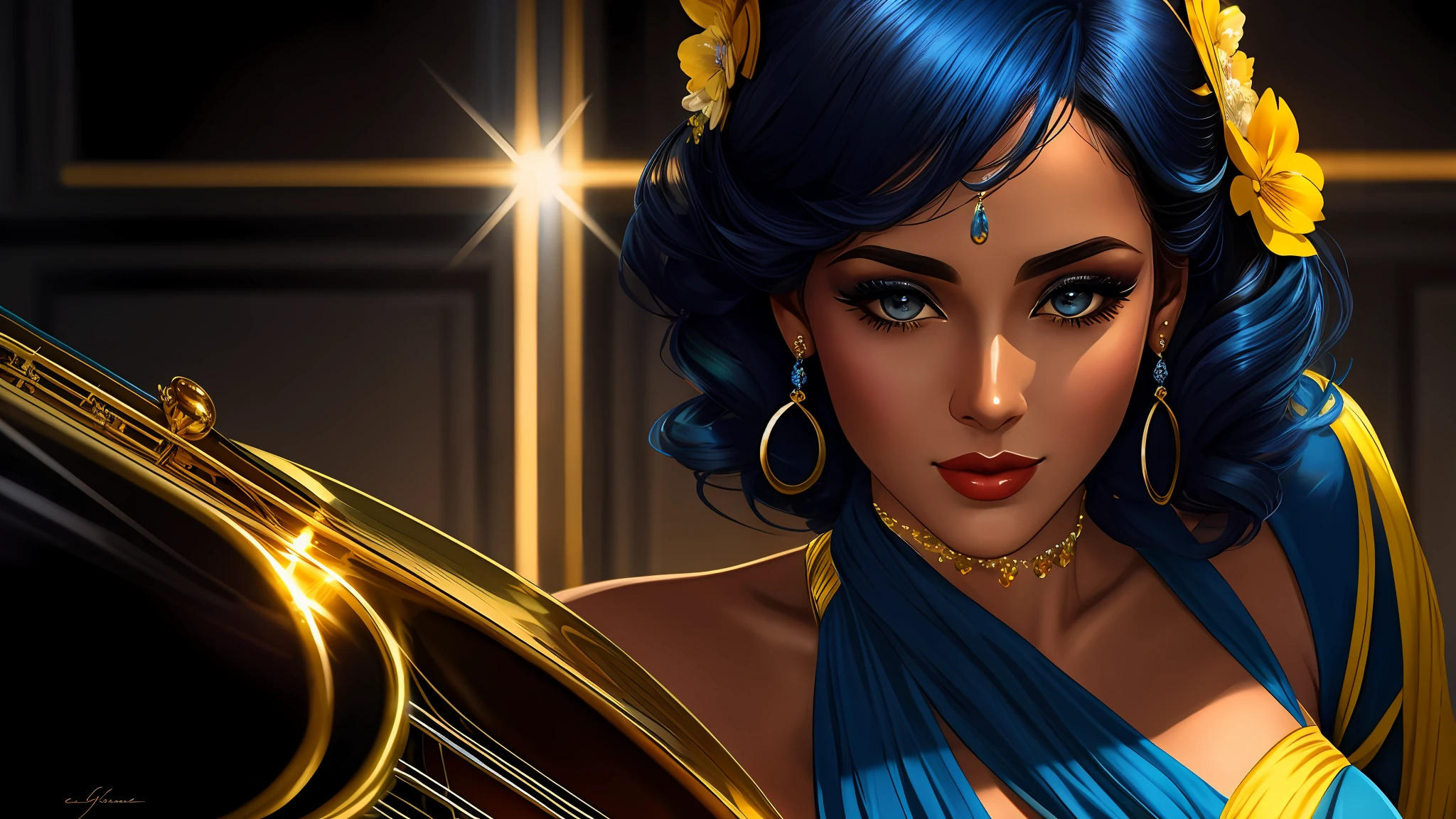 a close up of a jazz woman (character at the right), blue and yellow elegant clothes, sensual face, 8k, digital art, stunning digital illustration, no text