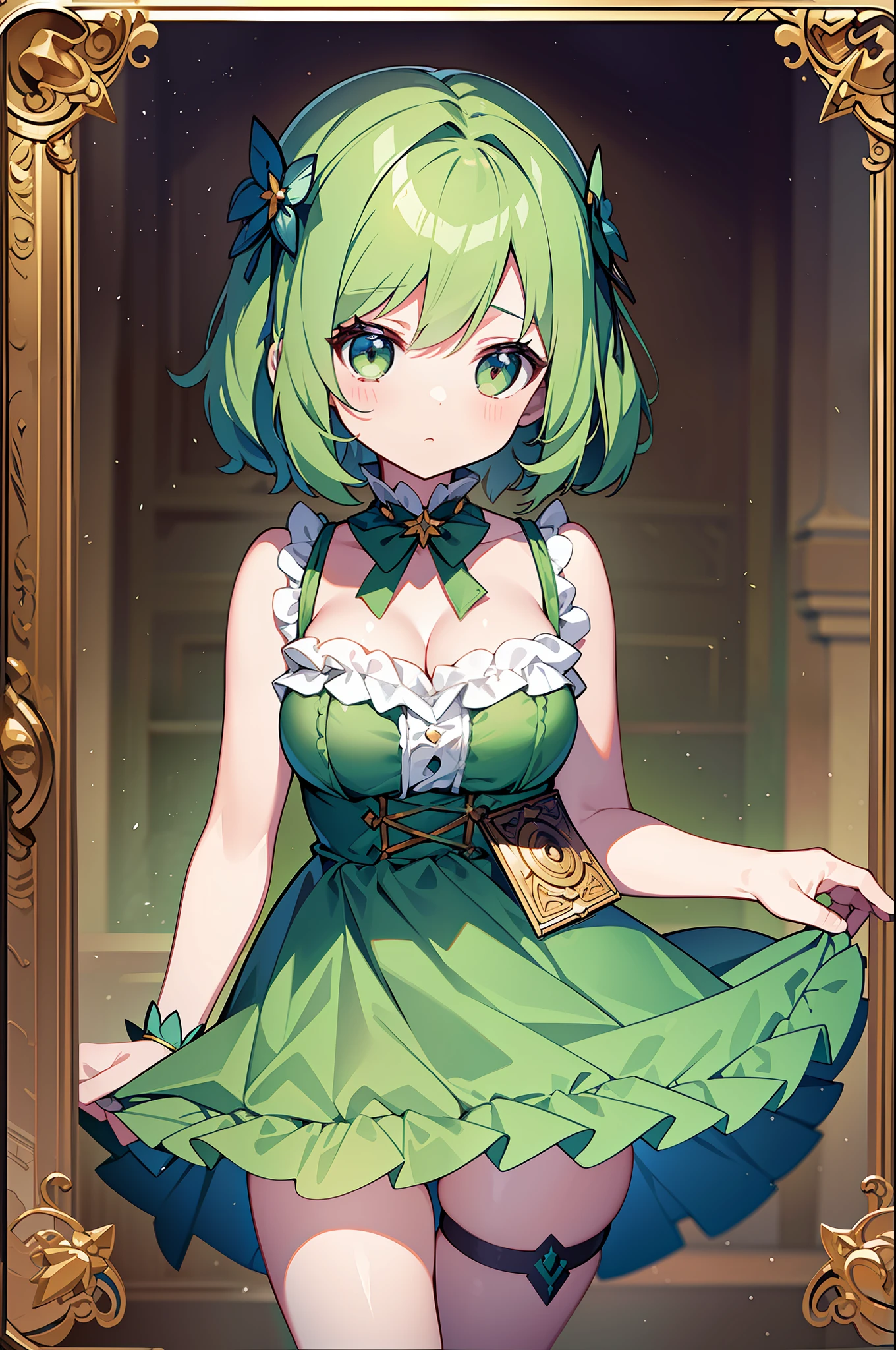 (Masterpiece), (Best Quality), (Super Detail), Official Art, One ***********, Pale Green Hair ****, Dress, Sleeveless, Small Breasts, Cleavage, Thigh Focus, Card Illustration, Wind