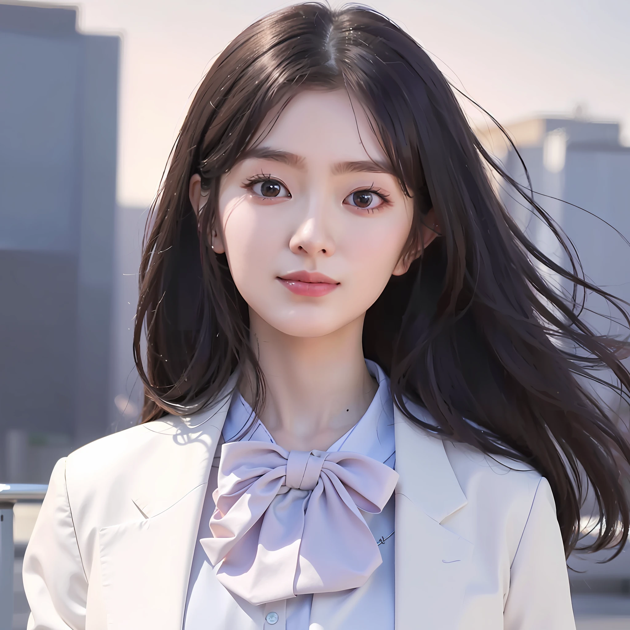 there is a woman with long hair wearing a white jacket and a bow tie, korean girl, realistic young anime girl, chinese girl, anime girl in real life, anime girl with long hair, white hime cut hairstyle, cute natural anime face, realistic anime 3 d style, beautiful anime girl, with cute - fine - face, beautiful anime portrait, beautiful south korean woman