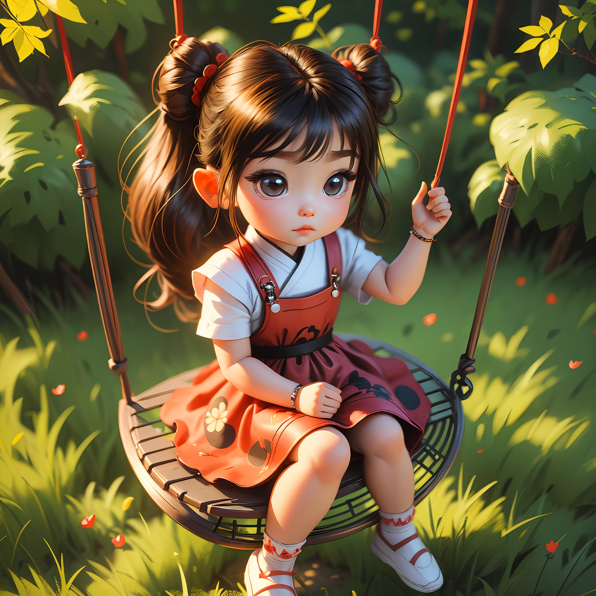 A work of art a baby character ((chibi)) Chinese female with tied hair, realistic 3D style wearing very beautiful dress she is sitting on a swing --auto --s2