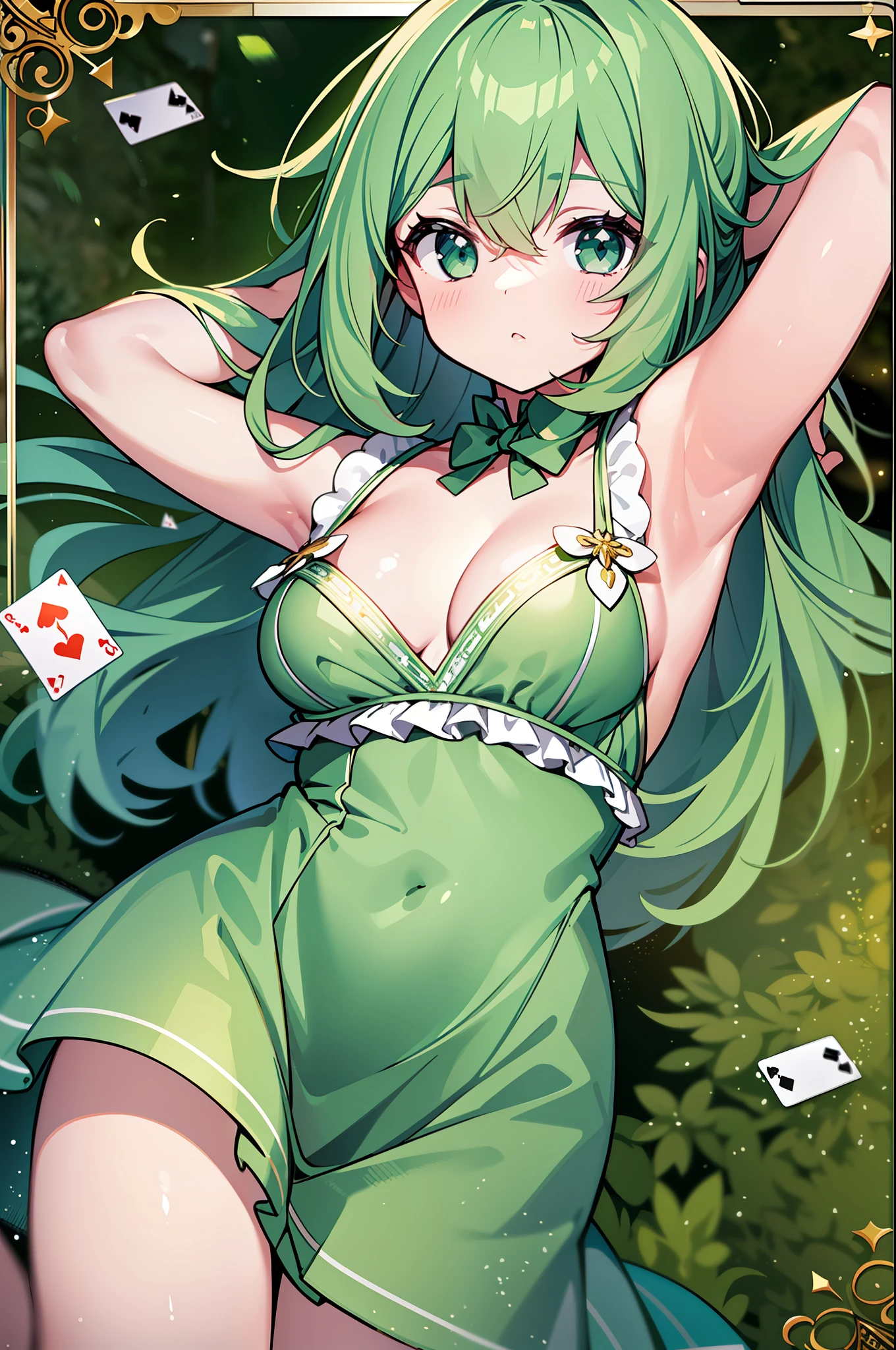 (Masterpiece), (Best Quality), (Super Detail), Official Art, One , Pale Green Hair Loli, Dress, Sleeveless, Small Breasts, Cleavage, Thigh Focus, Card Illustration, Wind