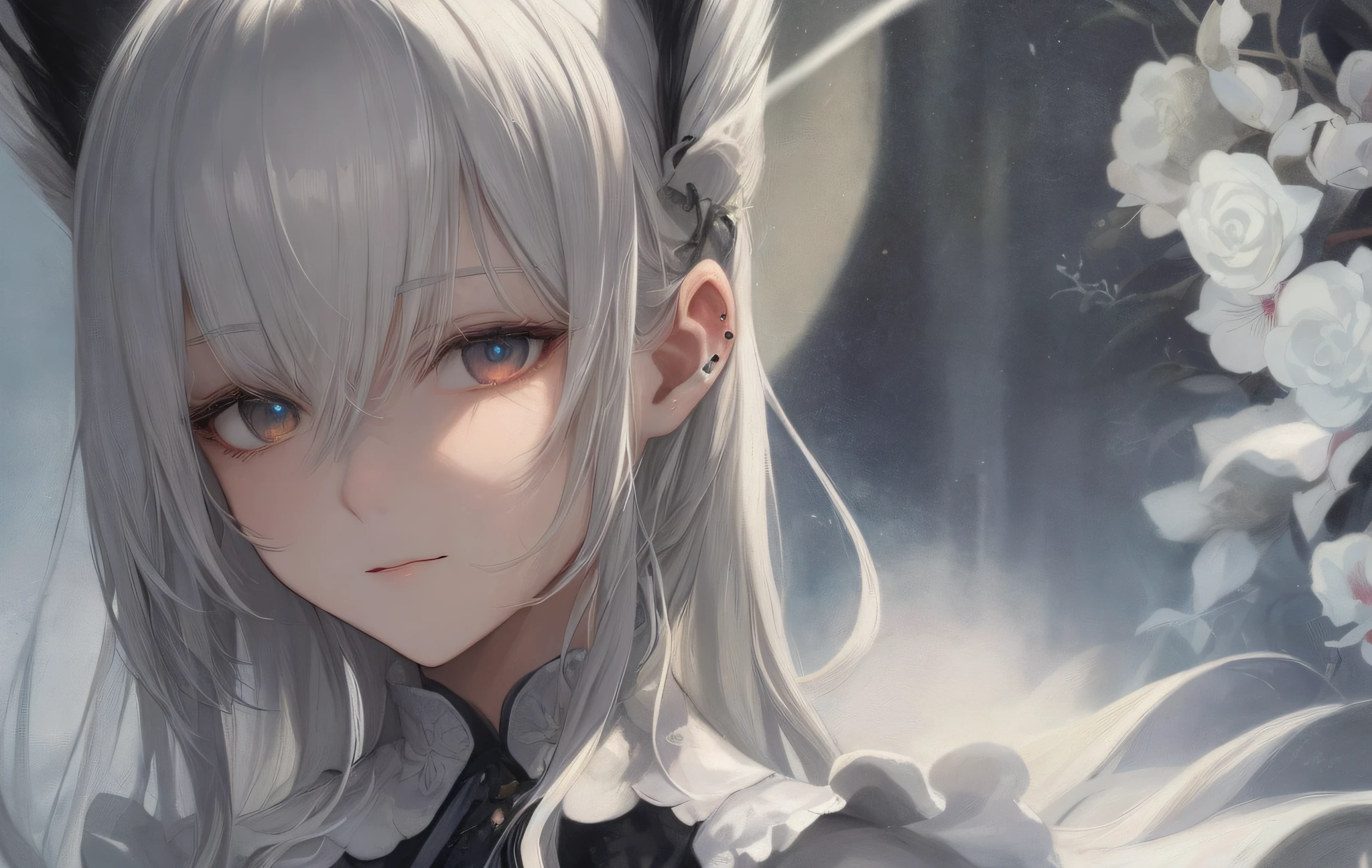 Close-up of woman with white wolfhair, character portrait by Jan J, pixiv contest winner, neutral facial features, contemporary art, gray hair maid, beautiful character painting, gwise style artwork, yukionna's piercing gaze, gwise, white wolf hair, wolfhair white hair, flowing hair, cigarette