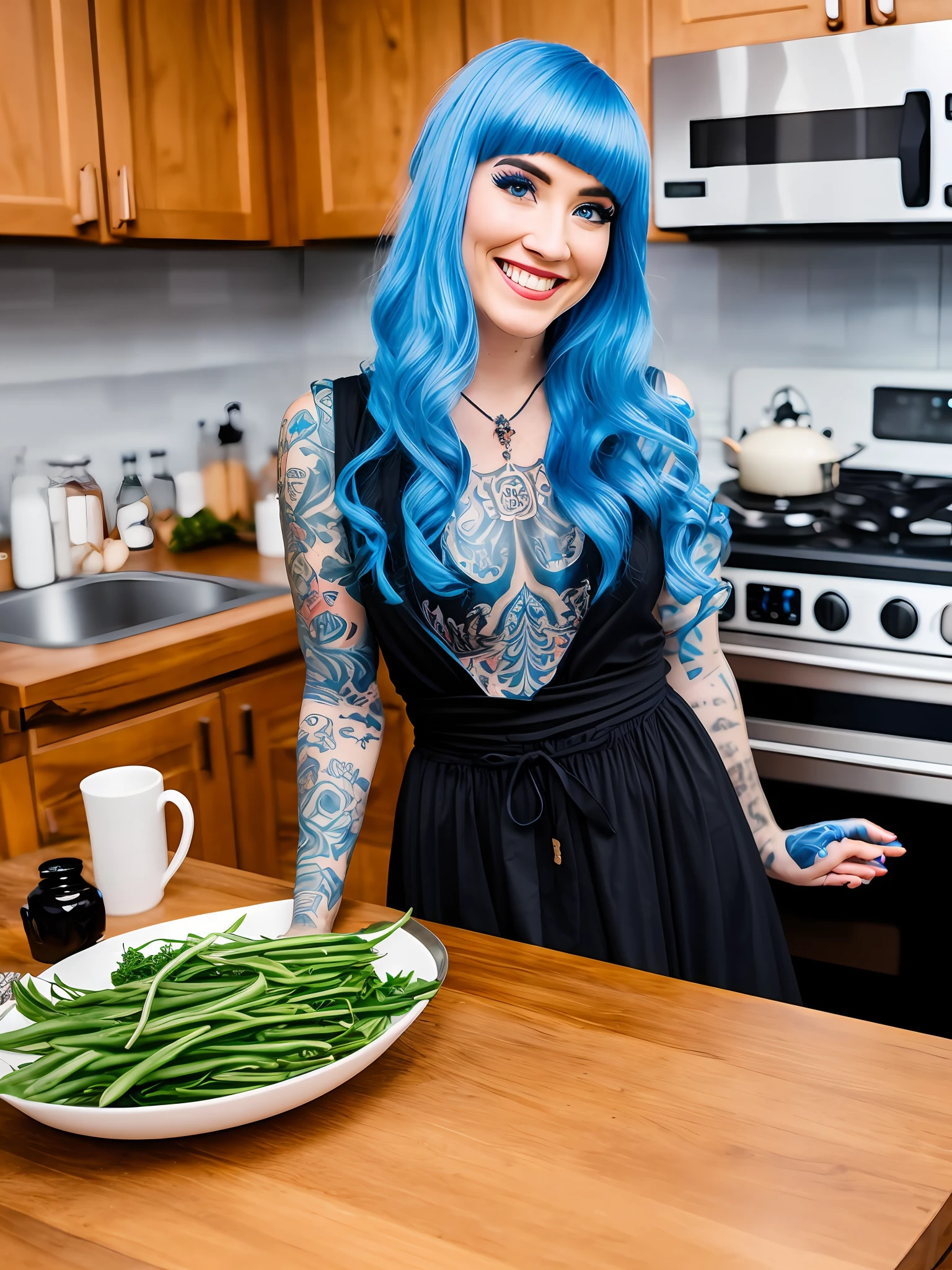 Pokket, filmed in DSLR, 8K, detailed face, blue hair, 25-year-old woman, is in the kitchen, long black dress, black tattoos, cute smile