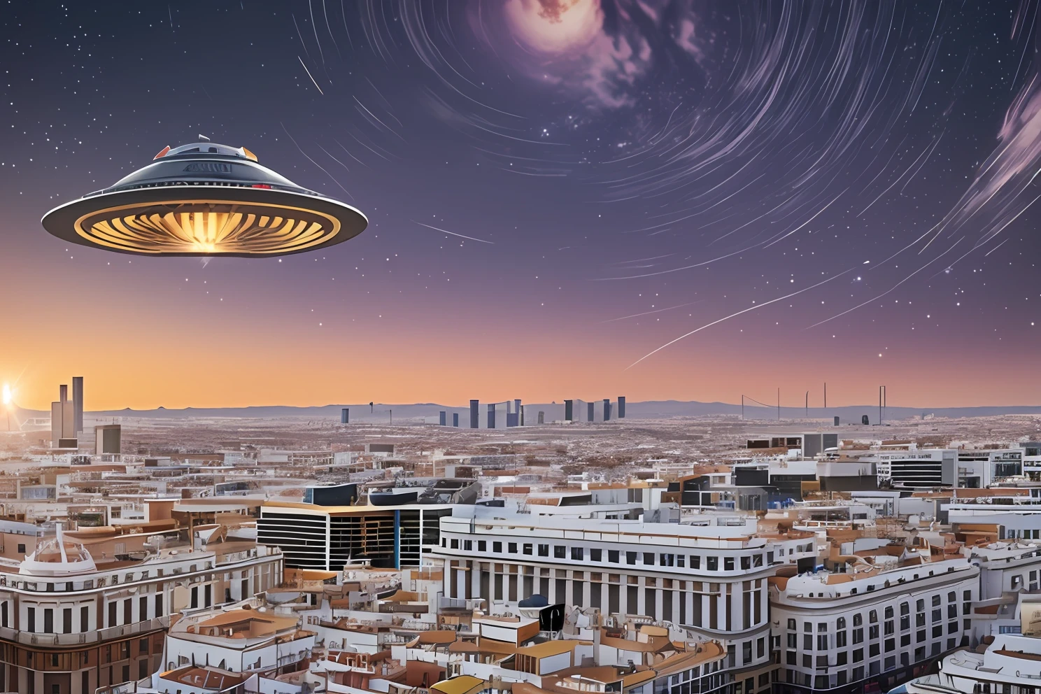 UFO with long tentacles over the city of Madrid. Photorealistic style. Hyper-detailed. 8k --auto --s2