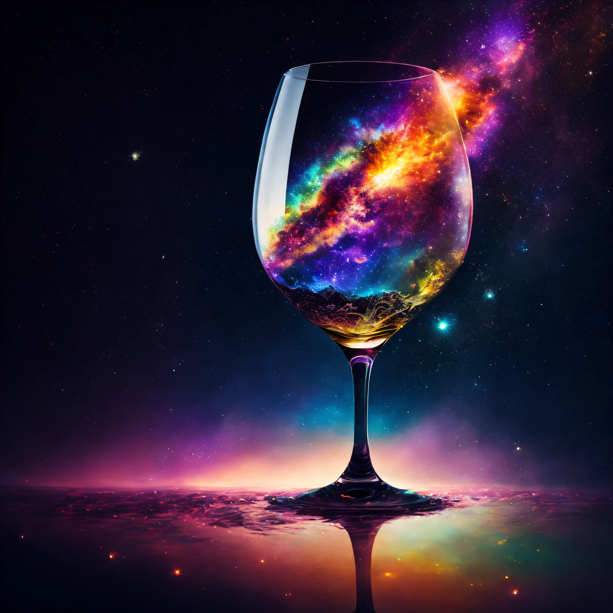 (masterpiece), wine glass floating in space, colorful nebula, professional photography, octane rendering, hyper realistic - amazing sunlight, dynamic composition, photography, sharp focus, bokeh