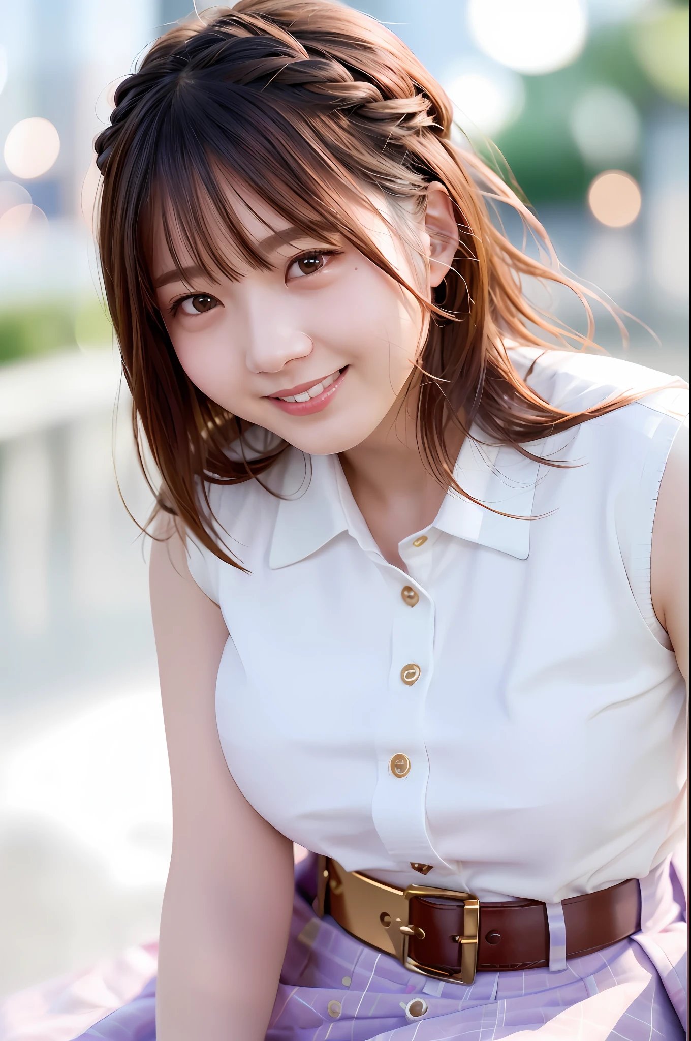 (skin spots: 1.2), (skin dentation), Black eyes, 1 female, 25 years old, ((Female))), Solo, Real, Top quality, Photorealistic, Masterpiece, 8K, High resolution, Solo, Very detailed face, (Professional lighting, bokeh), (Light particles, lens flares, glowing particles: 0.6), (Dynamic Pause: 1.2), Soft lighting, Top angle view, fashionable and trendy, Japan, street, Tokyo, city, ((daytime)), sky, ((view viewer:1)), (look at camera),(portrait:0.6), cowboy shot, gorgeous, standing, keep original facial proportions, wide shoulders, full body, (round breasts), ((plump breasts)), (medium hair), brown hair, floating hair, braided hair, seductive smile, lips, open mouth, teeth, smiling, floating hair, (sleeveless white blouse), (jumper skirt), eyelashes, moles, (moles under eyes:1),