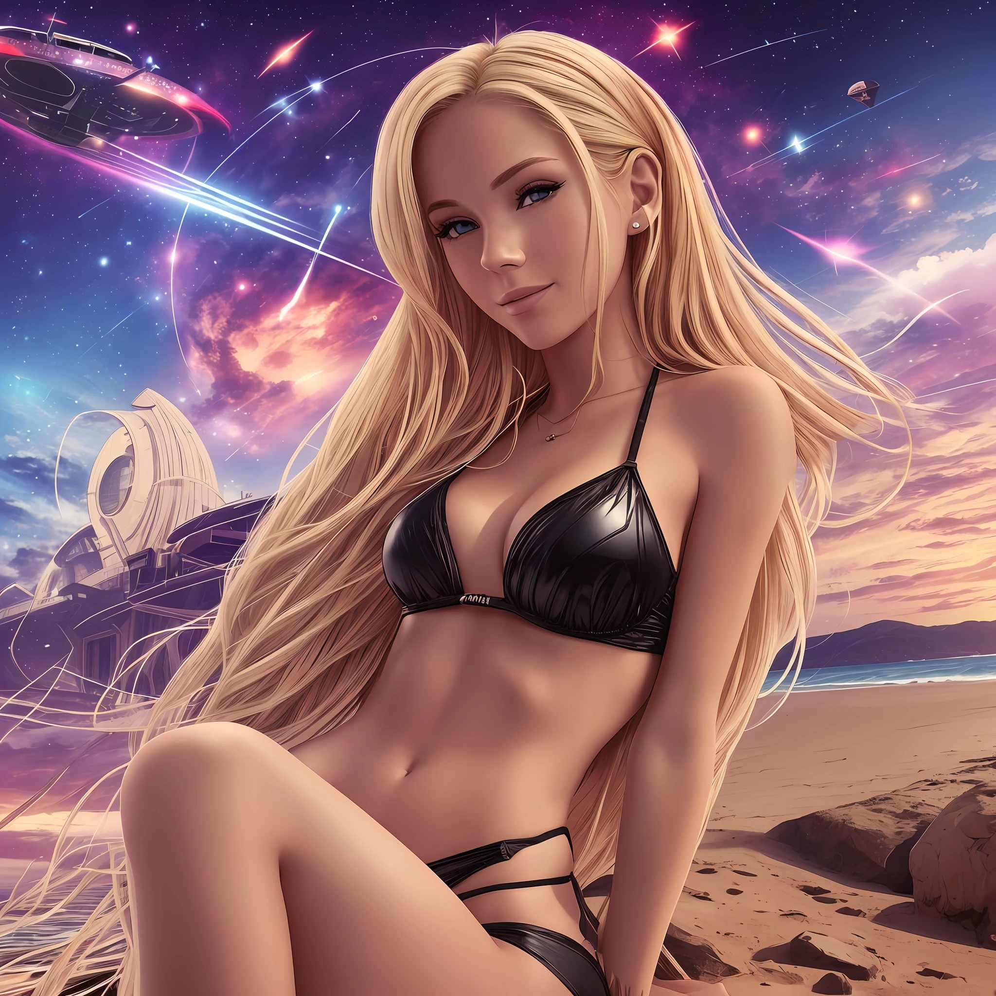 Imagine and create, a beautiful 27-year-old woman, blonde, on a beach, red bikini and black details. She was abducted by Allien. The extraterrestrials smiled at her. They said they would always be around, watching and waiting for the day she wished to travel with them. The ship took off, leaving her behind, full of new possibilities and hopes.