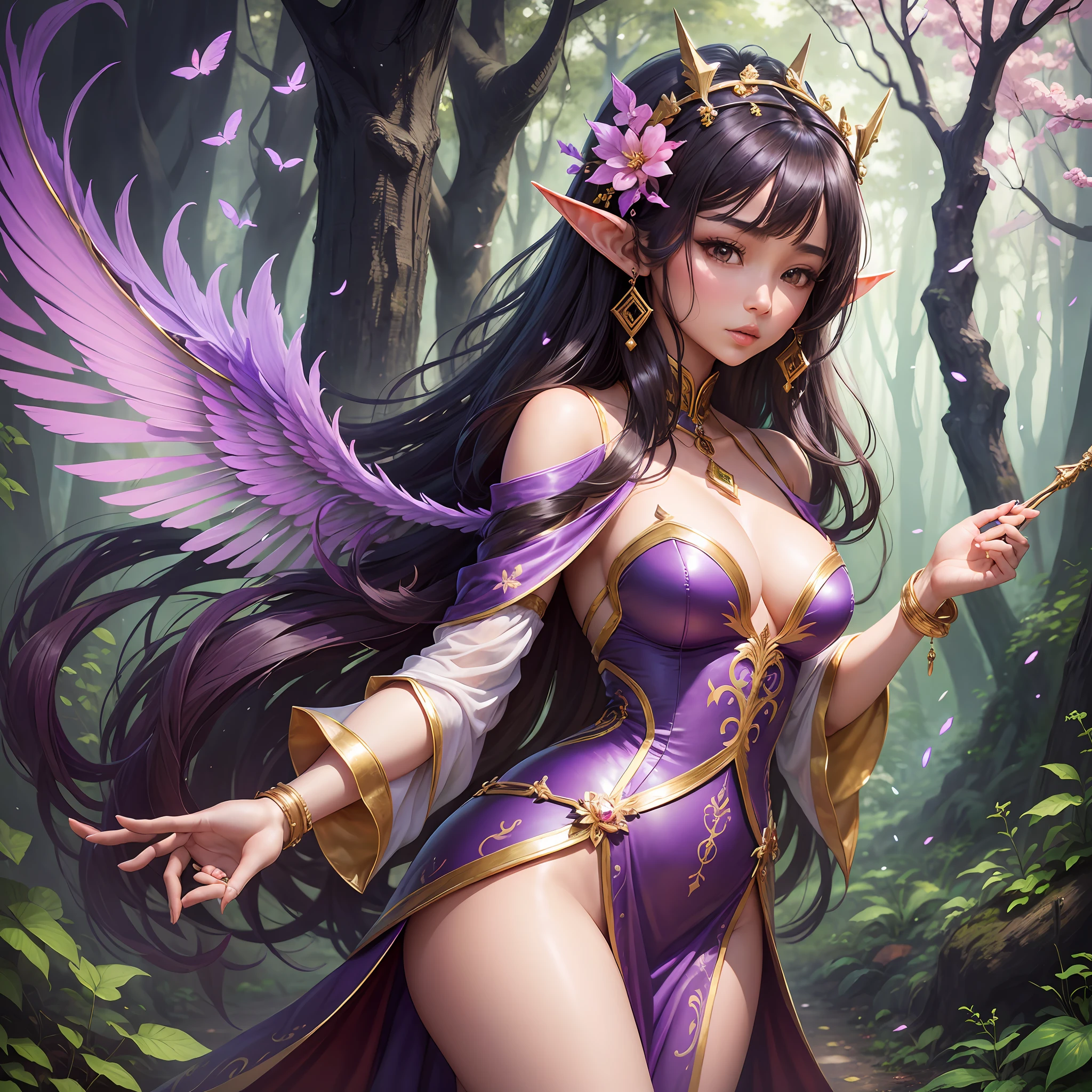 Best masterpiece, high quality painting, a beautiful Asian girl named (Linna), she is with (Kim. Kardashian) is completely different in appearance, 1girl, she is a magician, wearing a purple magic robe, a purple dress, a pink magic wand, a golden headdress with purple gemstones in the middle, a golden headdress with purple gemstones, she walks in the enchanted forest, surrounded by enchanted forests and various strange animals, next to her there is an elf with small wings and a short skirt --auto --s2