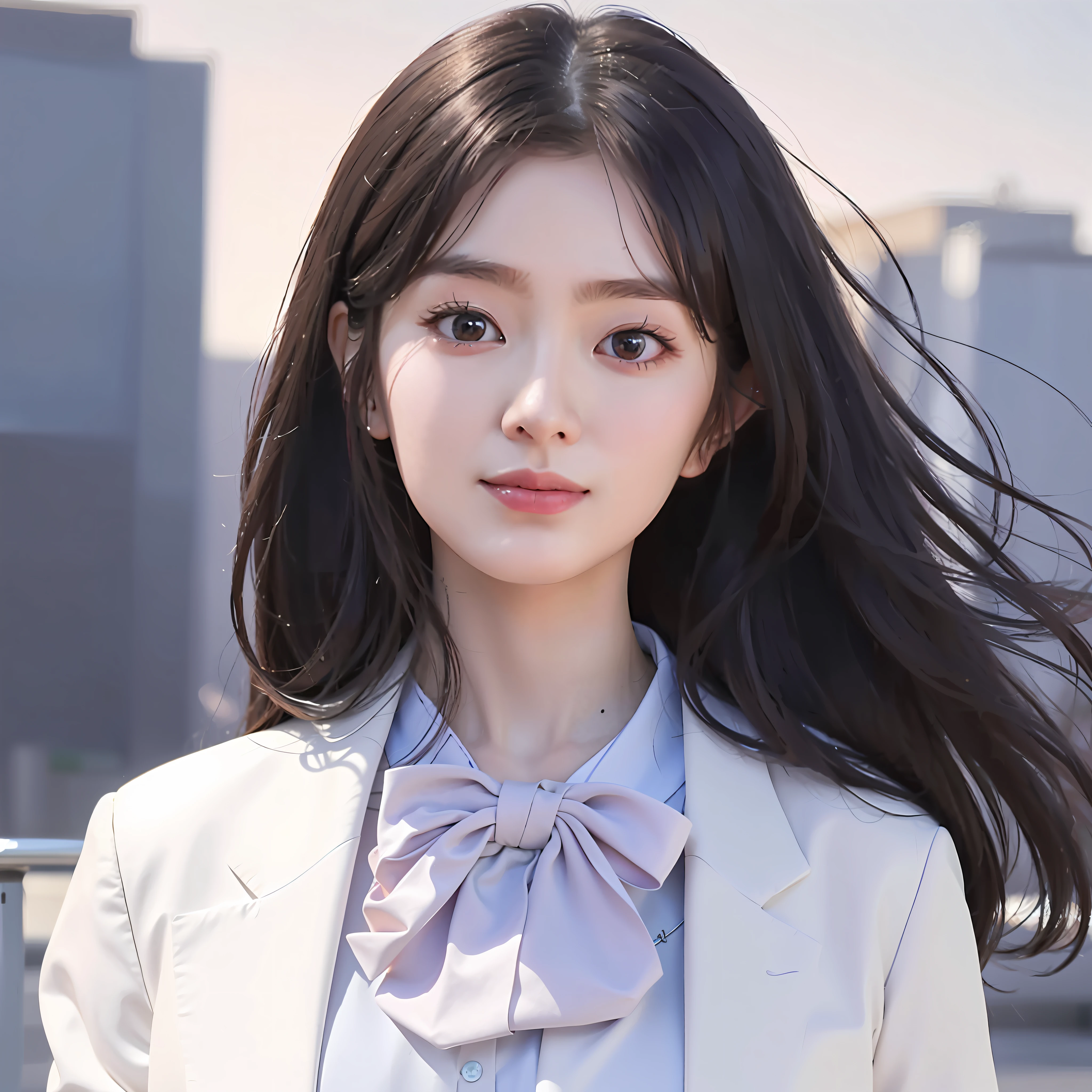 there is a woman with long hair wearing a white jacket and a bow tie, korean girl, realistic young anime girl, chinese girl, anime girl in real life, anime girl with long hair, white hime cut hairstyle, cute natural anime face, realistic anime 3 d style, beautiful anime girl, with cute - fine - face, beautiful anime portrait, beautiful south korean woman