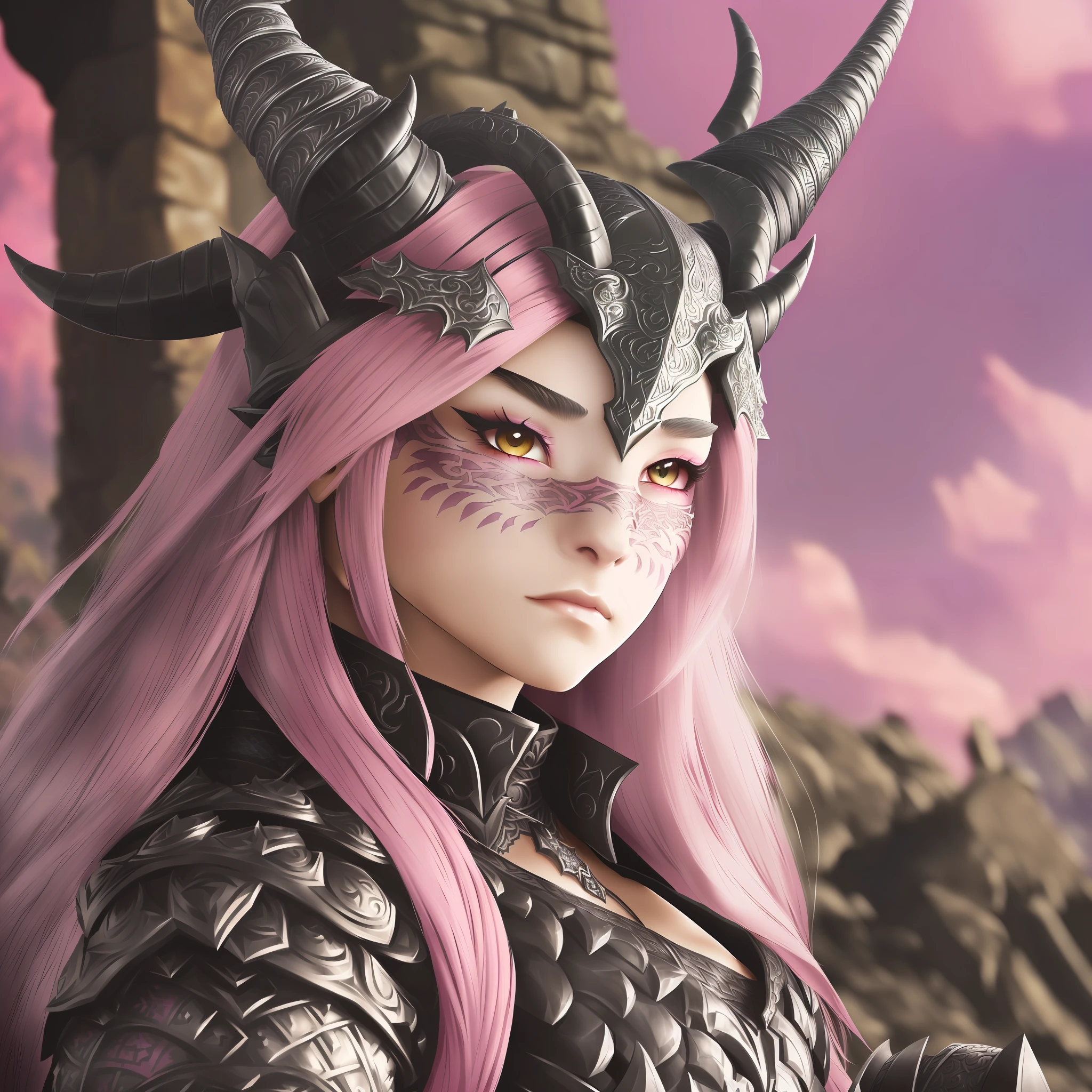 A girl, beautiful, perfect, epic character, dragonborn, mix between human and dragon, (gray skin), (pink scales on face), pink eyes, (long hair, black hair), (goat horn, backward facing horn), wearing heavy leather, masterpiece, Portrait, HD, high-quality, medieval, warrior, D&D style, RPG book character --auto --s2
