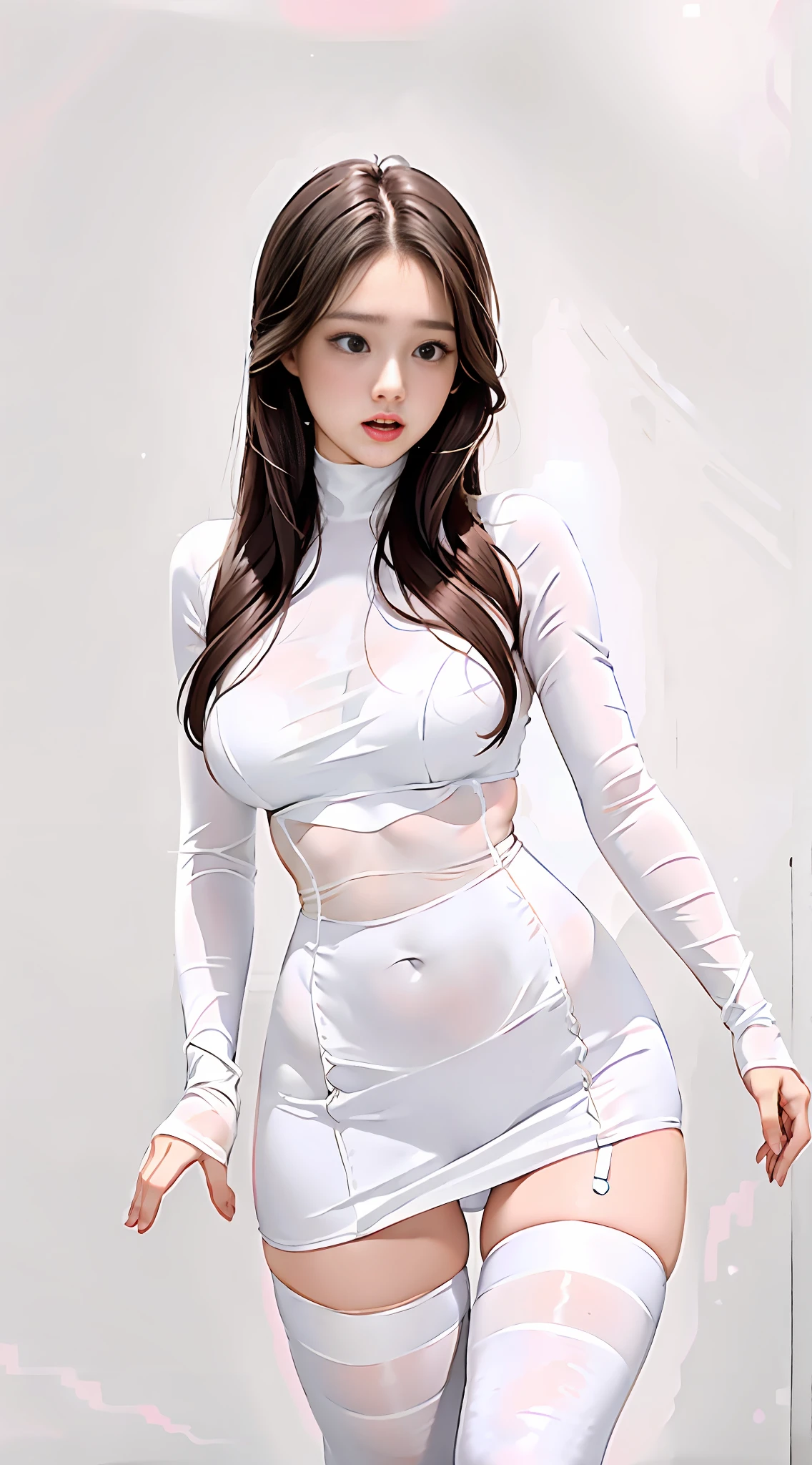 Close-up of a woman in a white tights, smooth white tights suit, smooth translucent white skin, wearing white clothes, faint milky porcelain skin, wearing white tights, expression scared, fearful, painful, sad, crying, tears, ultra shorts, miniskirt, tights, closet, small belly, waist