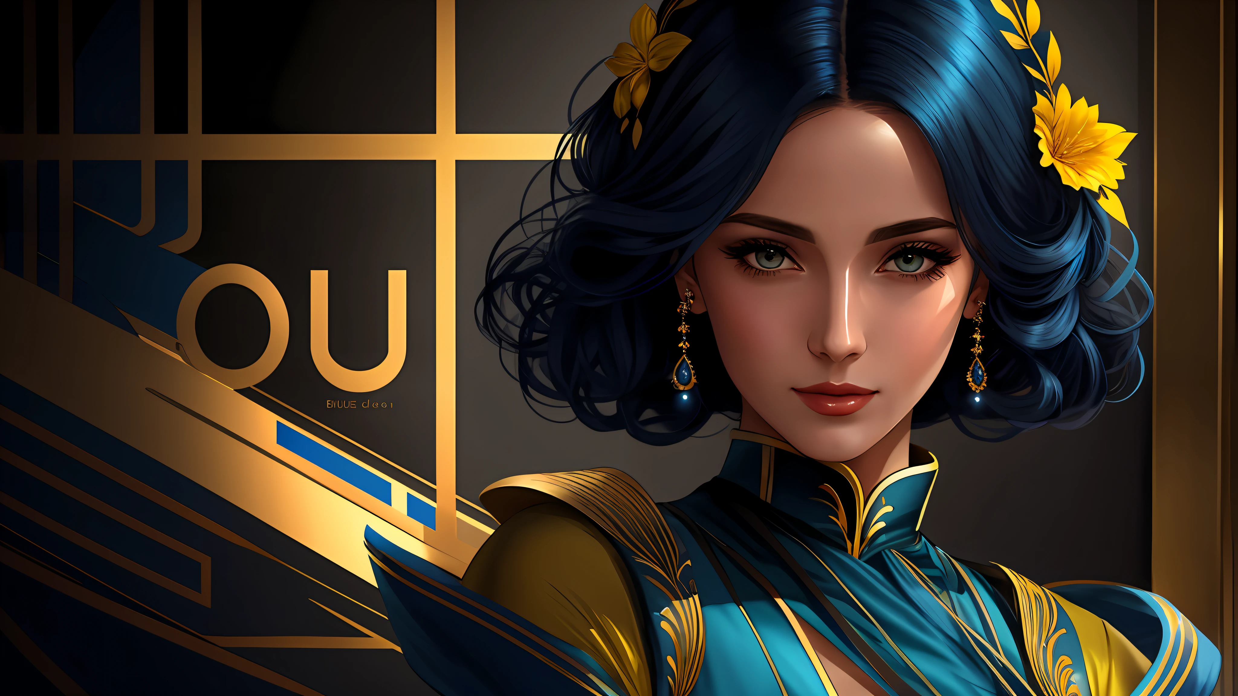 a close up of one elegant woman (character at the right), blue and yellow clothes, sensual face, 8k, digital art, stunning digital illustration, no text, flat colored background