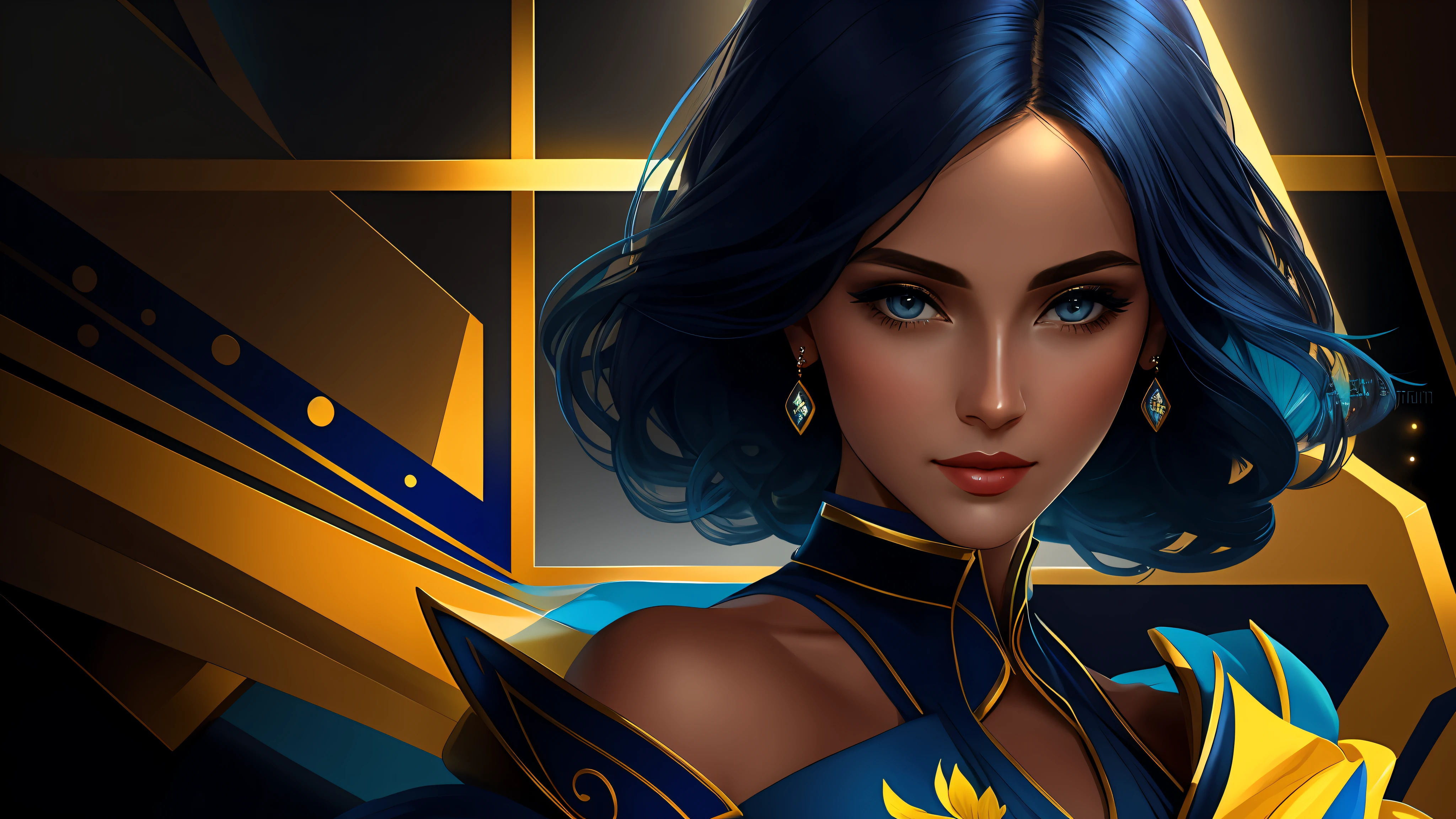 a close up of one elegant woman (character at the right), blue and yellow clothes, sensual face, 8k, digital art, stunning digital illustration, no text, flat colored background