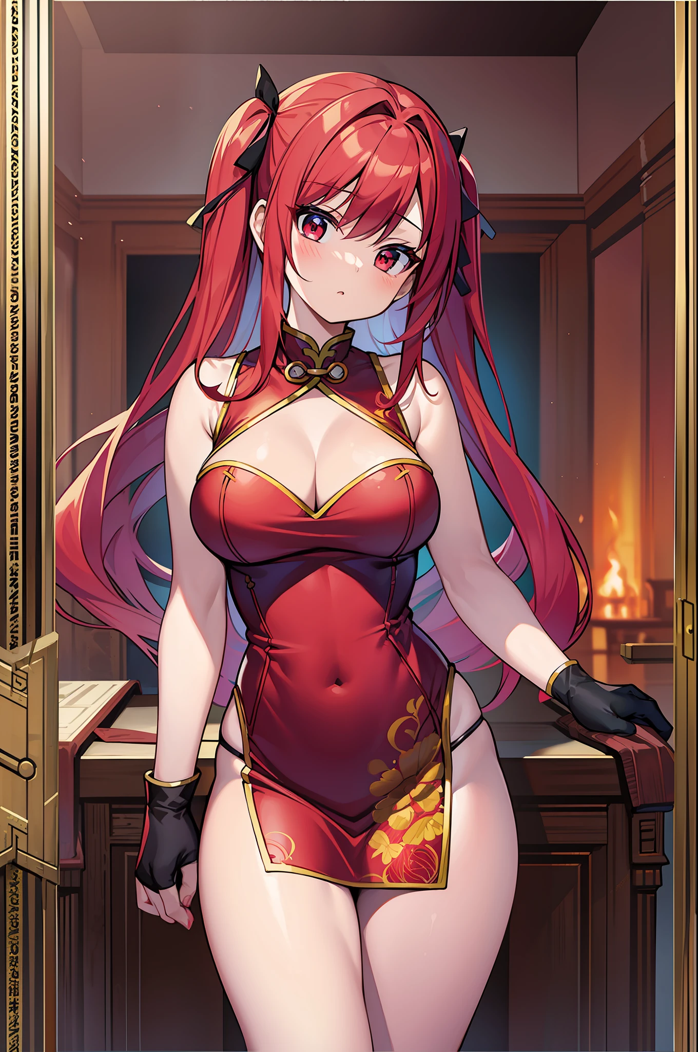 (Masterpiece), (Best Quality), (Super Detail), Official Art, One , Lori with Pale Red Hair, Cheongsam, Sleeveless, Small Breasts, Cleavage, Thigh Focus, Card Illustration, Fire
