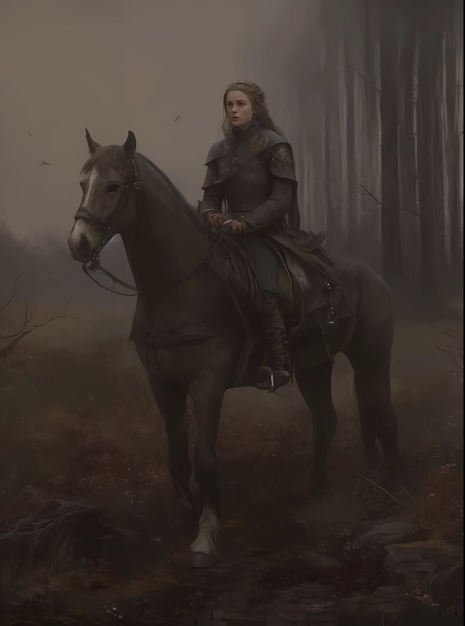 Painting of a woman riding a horse in a field with trees, Eve Ventrue, Tuomas Korpi and Wlop, Lonely Rider, Stefan Koidl inspired, Yuri Shwedoff and Tom Bagshaw, Tom Bagshaw weta Studio, by Piotr Michałowski, Brad Kunkle Elson Peter, by Tadeusz Pruszkówski, high definition, Game of Thrones clothing style, 20 megapixels, defined face, textured iris, perfect hands, realistic skin, subsurface skin scattering, extremely detailed digital painting, focused, 8k wallpaper, 4k wallpaper, extremely detailed, ultra realistic, photorealistic, sharp focus, absurd, (HDR: 1.5), high contrast, painting, insanely detailed and intricate, trend in ArtStation