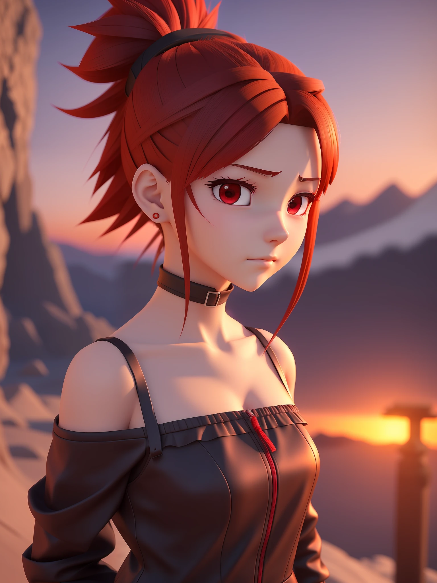 Young girl, a cartoon character dark red outfit, ((cold expression and tired eyes)), ((hair up to shoulder)), (red eyes), stylized character, animation character, stylized 3d render, 3d character, highly detailed character, stylized anime, stylized 3d, render character, character model, closeup, (maximum quality), walking on a mountain at sunset