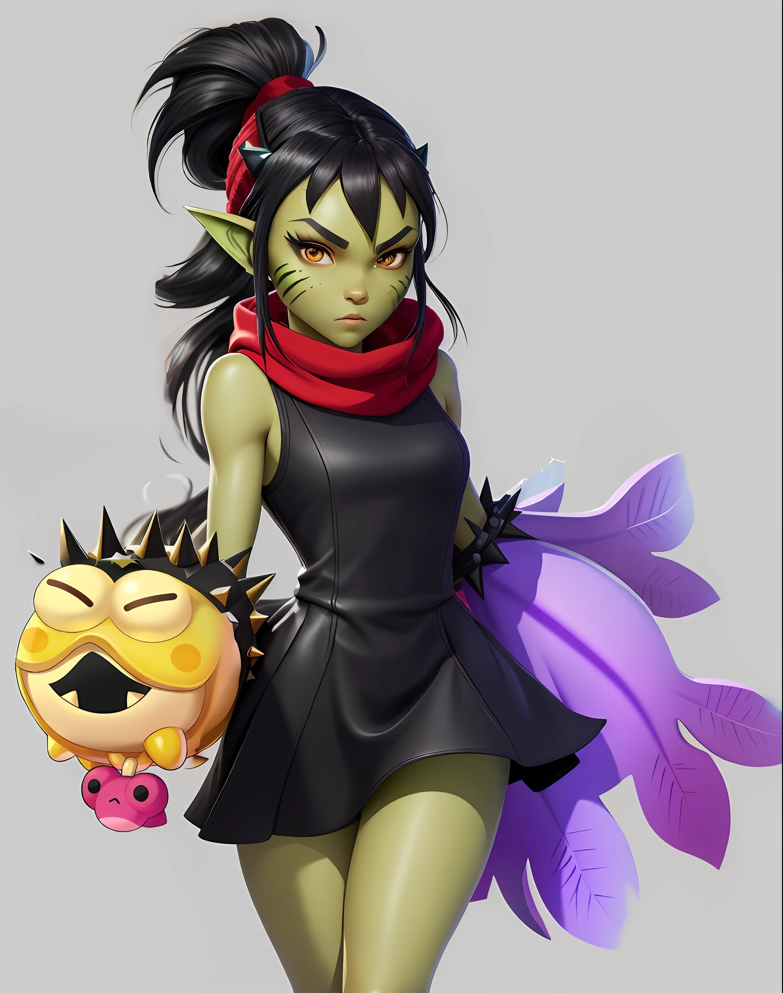 masterpiece, (photorealistic: 1.4), best quality, beautiful lighting, willow\(brawl stars\)+(video game), (half-human half-fish woman), (dark green skin), (dark black hair)+(ponytail hair)+(spiky), yellow eyes, golden eyes, (gills in place of ears), (short black dress patched), (cover with red beanie), RAW photo, 8k uhd, film grain