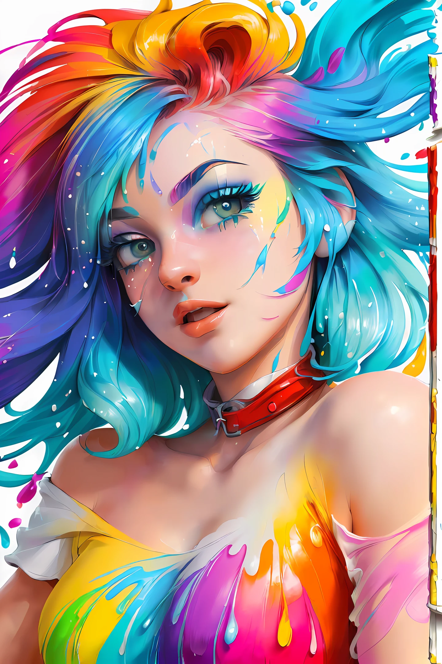 （Pink Fashion T-shirt：1.9），(Colorful hair: 1.8), (all the colours of the rainbow: 1.8),(((((vertical painting：1.6))), （painting：1.6），front, comics, illustrations, paintings, large eyes, crystal clear eyes,（ rainbow color gradient high ponytail：1.7）, exquisite makeup, closed mouth,(Small Fresh: 1.5),(Wipe Chest: 1.6) ，long eyelashes, white off shoulder T-shirt,  White Shoulder Shirt，looking at the audience, large watery eyes, (rainbow colored hair：1.6), color splash, （solo：1.8）, color splash, color explosion, thick paint style, messy lines, ((shining))，(colorful), (colorful), (colorful), colorful, Thick Paint Style, (Splash) (Color Splash), Vertical Painting, Upper Body, Paint Splash, Acrylic Pigment, Gradient, Paint, Highest Image Quality, Highest Quality, Masterpiece, Solo, Depth of Field, Face Paint,  colorful clothes, (Elegant: 1.2), gorgeous,long hair, wind, (Elegant: 1.3), (Petals: 1.4)，(((masterpiece))),(((best quality))),((ultra-detailed)),(illustration),(dynamic angle),((floating)),(paint),((disheveled hair)),(solo),(1girl) , (((detailed anima face))),((beautiful detailed face)),collar,bare shoulders,white hair, ((colorful hair)),((streaked hair)),beautiful detailed eyes,(Gradient color eyes),(((colorful eyes))),(((colorful background))),(((high saturation))),(((surrounded by colorful splashes))),