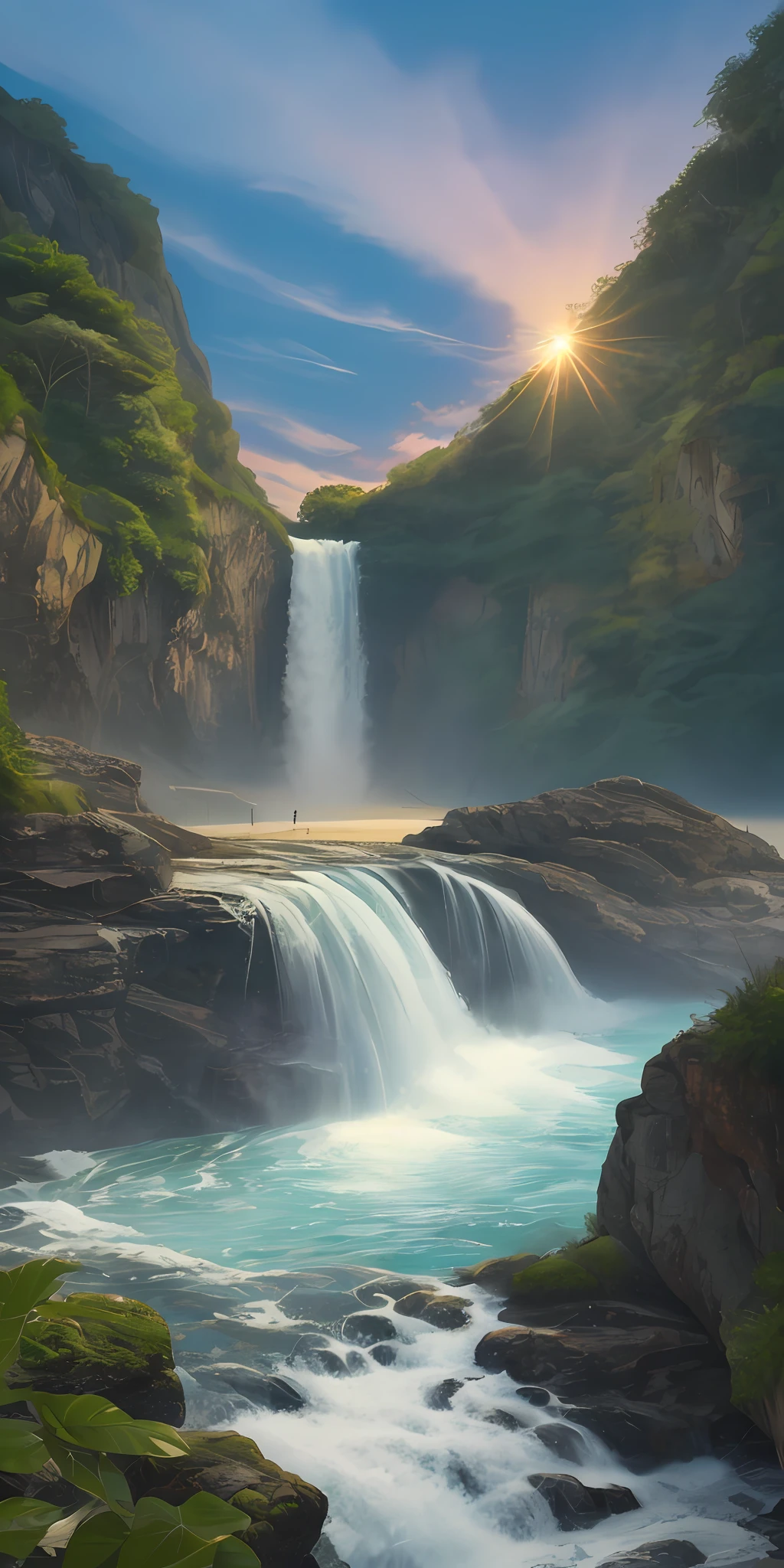 summer waterfall beach evening landscape