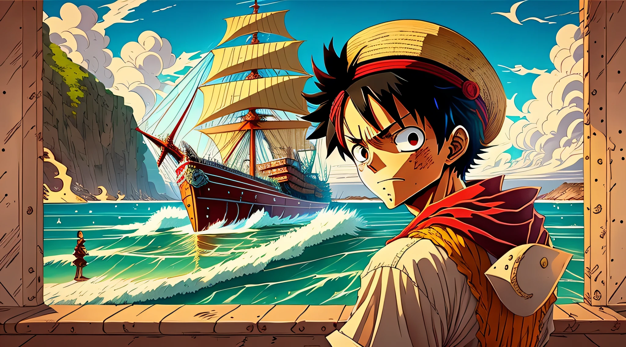 Luffy de One Piece, in front of a ship, overlooking the sea --auto --s2
