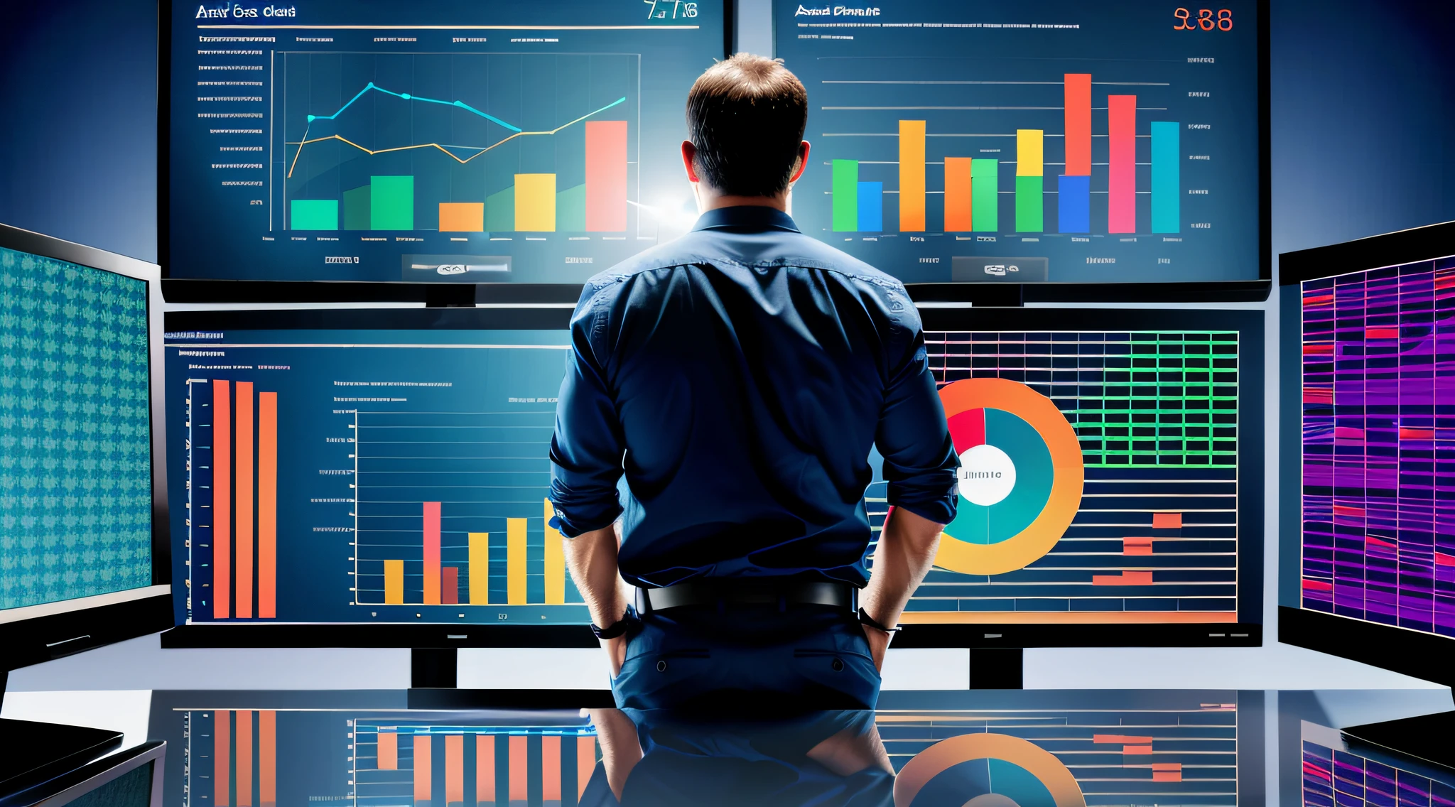 arafed image of a man looking at multiple monitors with graphs on them, take control of your data, interesting background, looking at monitor, monitor, high quality picture, series, screensaver, intelligence, beginner, technical, enhance, digitally enhanced, istock, high quality screenshot, background, advanced technology, high quality image, backdrop, figuring, symmetrical