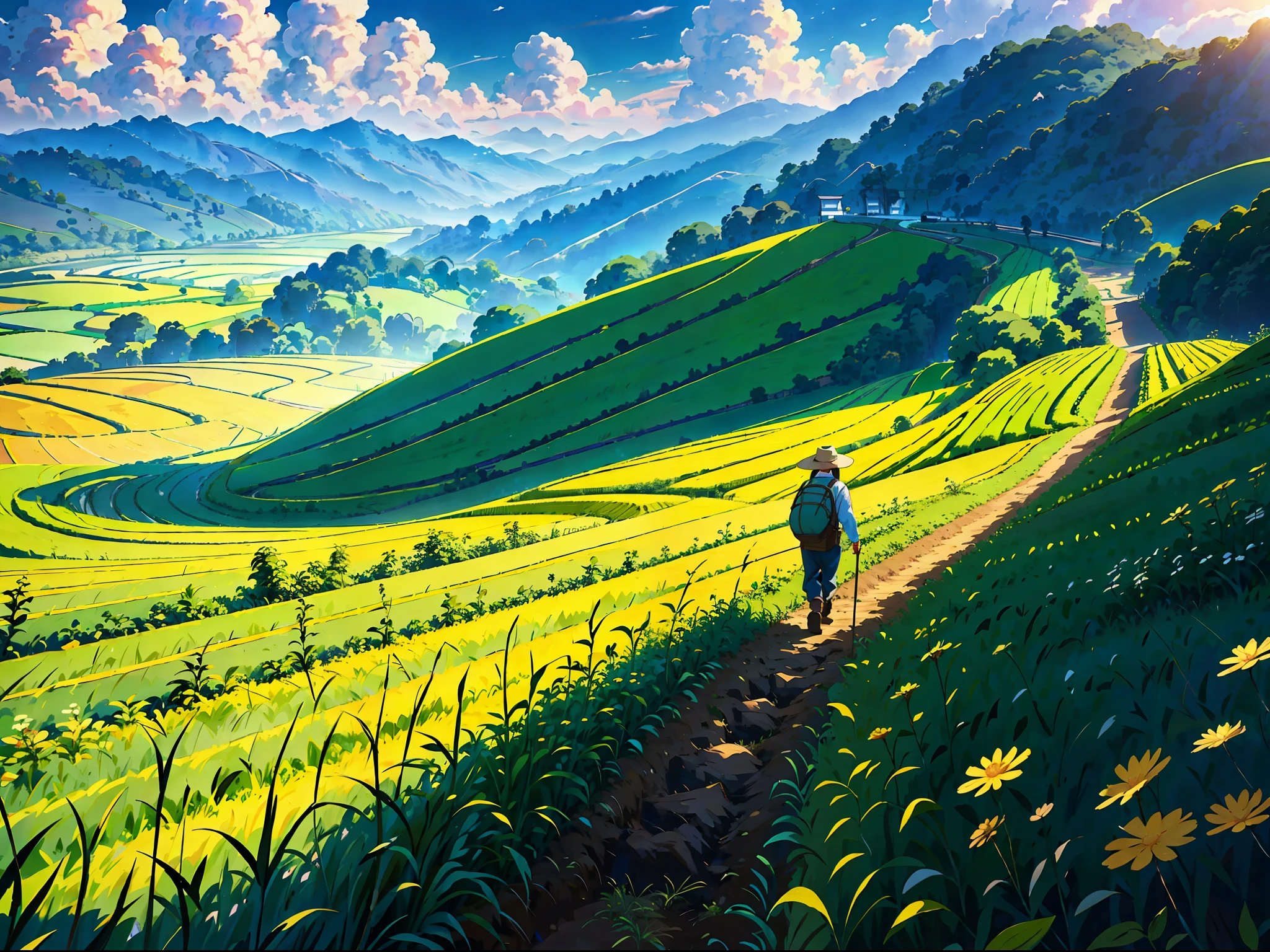 An old farmer carrying a flat burden, walking on the winding path of the countryside, big clouds, blue sky, rice fields, neat rice seedlings in the field, forest, hillside, secluded, countryside, HD detail, hyper-detail, cinematic, surrealism, soft light, deep field focus bokeh, ray tracing and surrealism. --v6