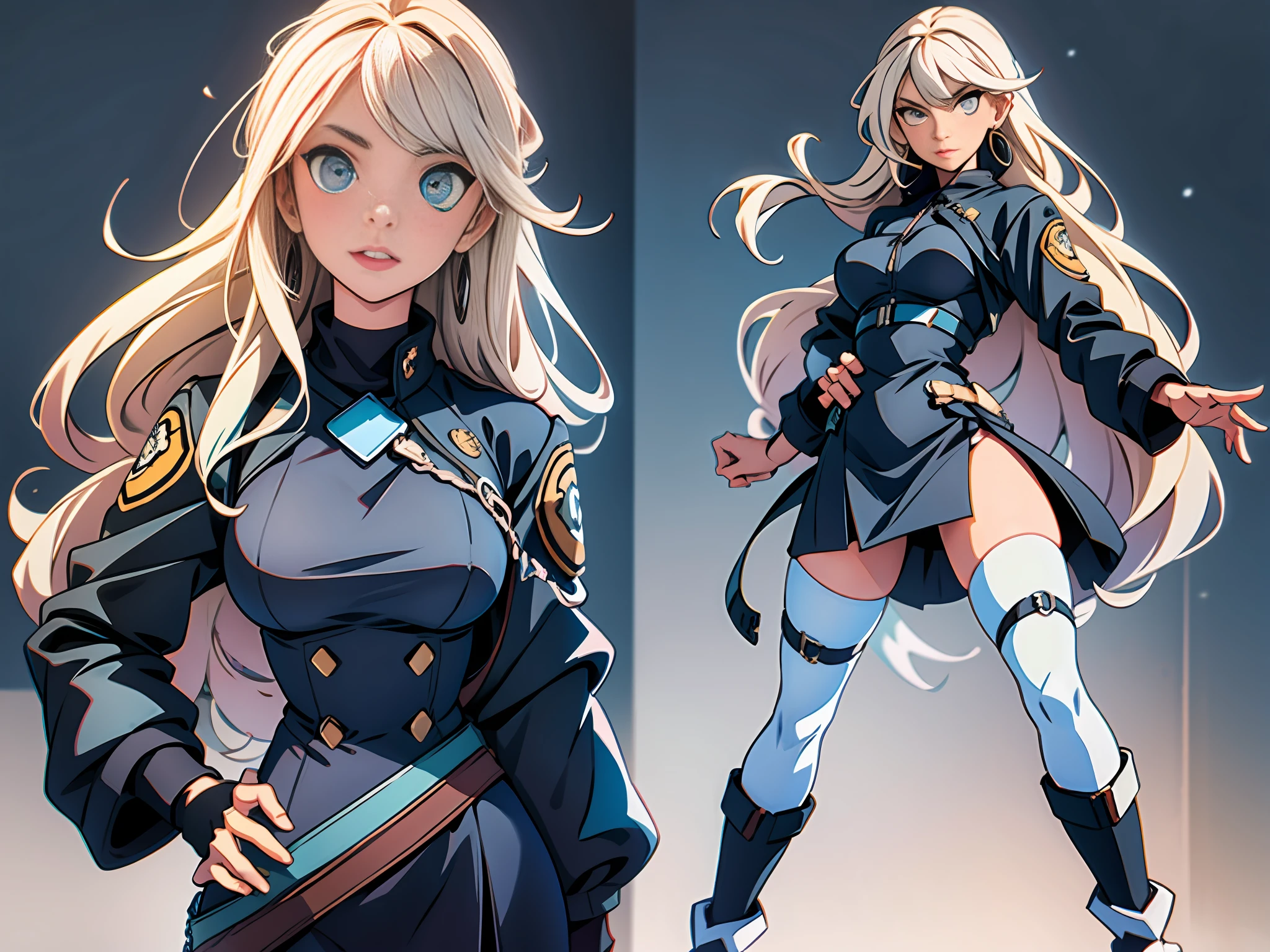 Masterpiece: 1.6, best quality: 1.4, live image: 1.2, intricate details: 1.2, charturnerv2: 1.2, 1lady full body character change,
Appearance: milf: 1.25, thin: 1.3, light blue eyes, medium breasts, detailed eyes, quality eyes,
Clothing: black dress snug to the body up to the knees with long collar, black gloves, navy police jacket, a white blouse with few buttons, long black boots with laces.
Accessories: simple hoop earrings, police badge.
Hair: platinum blonde hair, long hair, semi curly hair.
Makeup: natural, shiny skin,
(single background, white background: 1.3), multiple views, multiple views of the same character in the same outfit: 1.3.