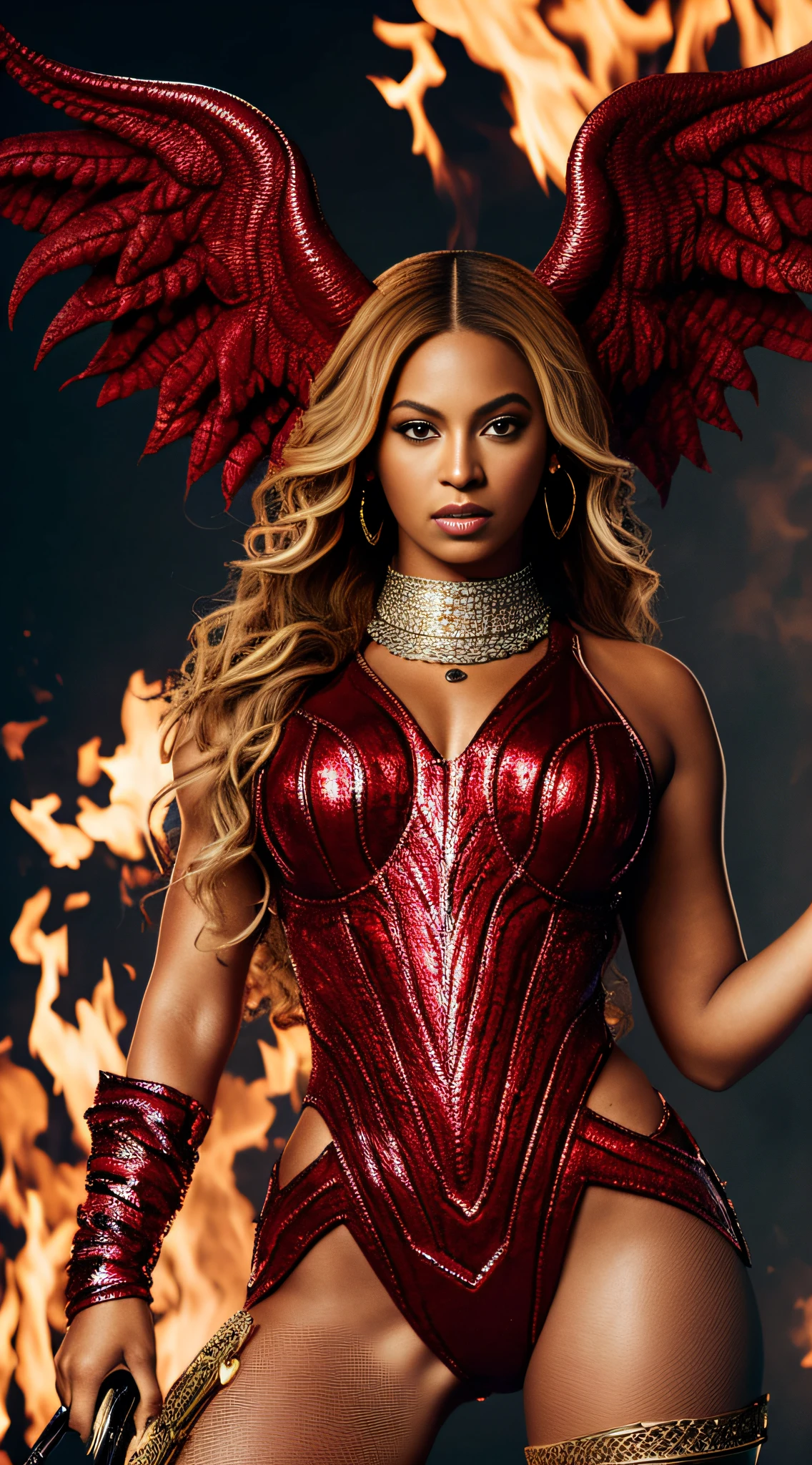 Photo of beyoncé, with details, accessories, inspired by Lilith, FULL BODY texture 4K, high quality, monsters, body on fire, demon wings, satan, hell, fire, 8k image, high image quality,