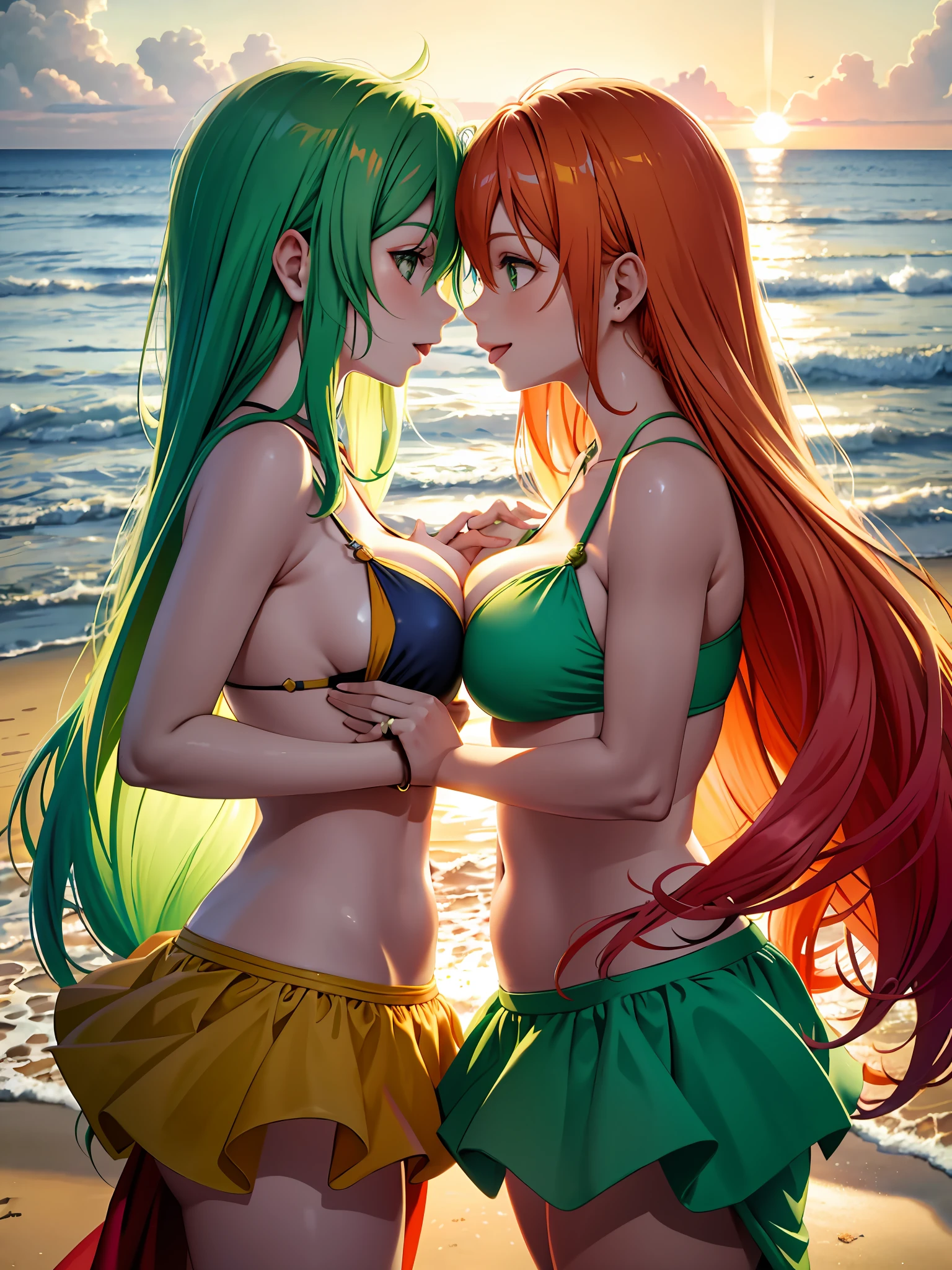 Twin girls, 27 years old, green hair, orange hair, beach at sunset, angelic faces, fine stroke, looking at each other, tongue kiss, hand on breast, hand on face, bodies touching, magician's clothing, horsewoman's outfit