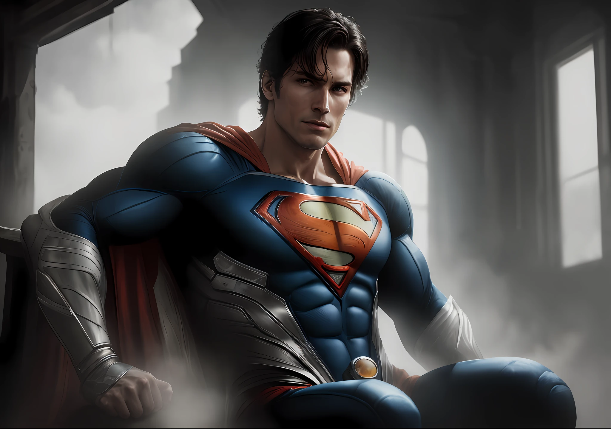 The Superman in white uniform sitting on the barrel Dark photo: realistic epic, soft cinematic portrait, Adobe Lightroom, photo lab, highly detailed, faded, art by Greg Rutkowski and Artgerm, neutral colors: 1.2), (HDR: 1.4), (soft colors:1.2), hyperdetailed, (artstation:1.4), cinematic, warm lights, dramatic light, (intricate details:1.1), complex background, (rutkowski:0.66), (blue and orange:0.4