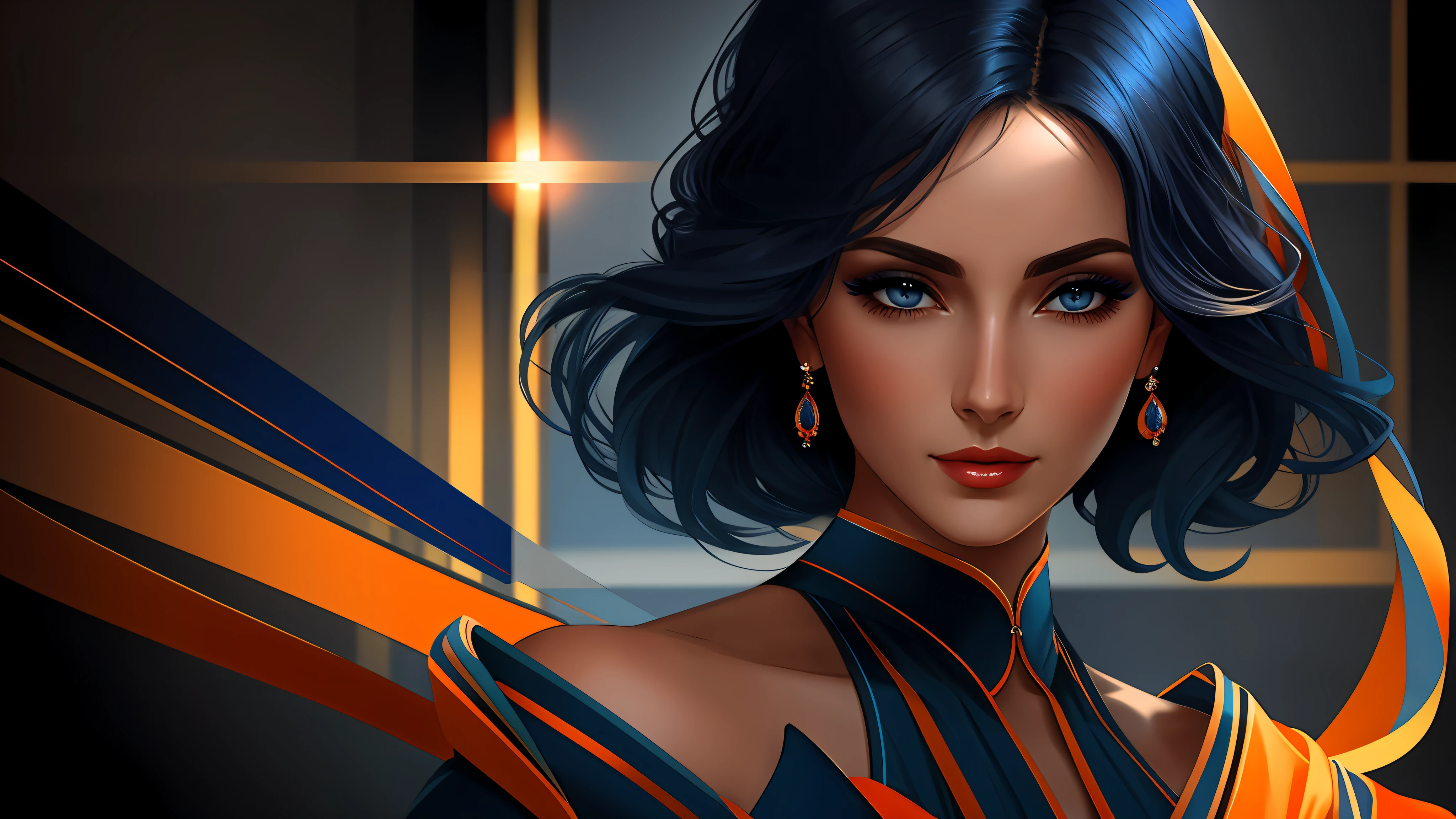 a close up of one elegant woman (character at the right), dark blue and orange clothes, sensual face, 8k, digital art, stunning digital illustration, no text, flat colored background, music elements