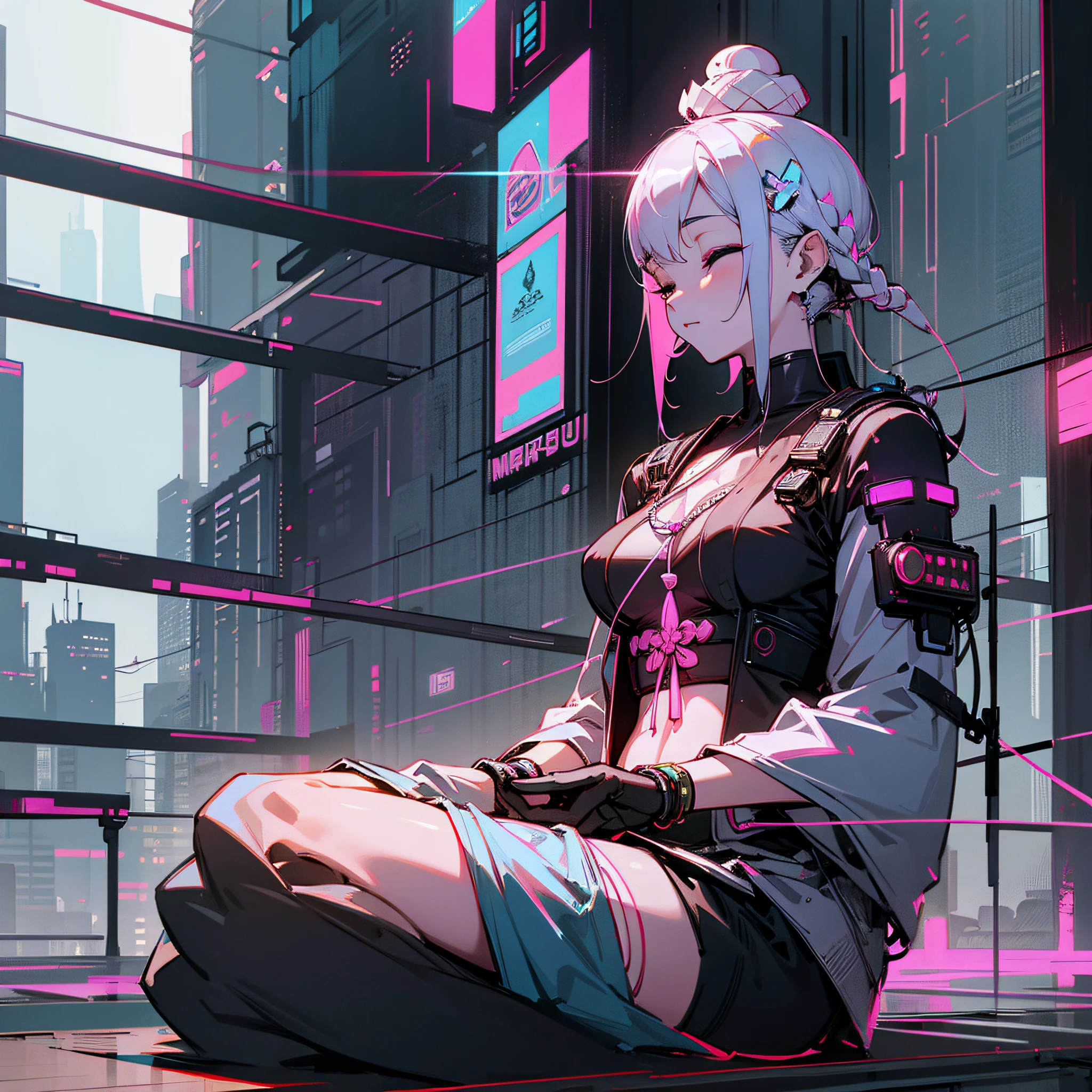 Buddha, Meditation in the middle of the metropolis, Cyberpunk city, Cyberpunk meditation --auto --s2