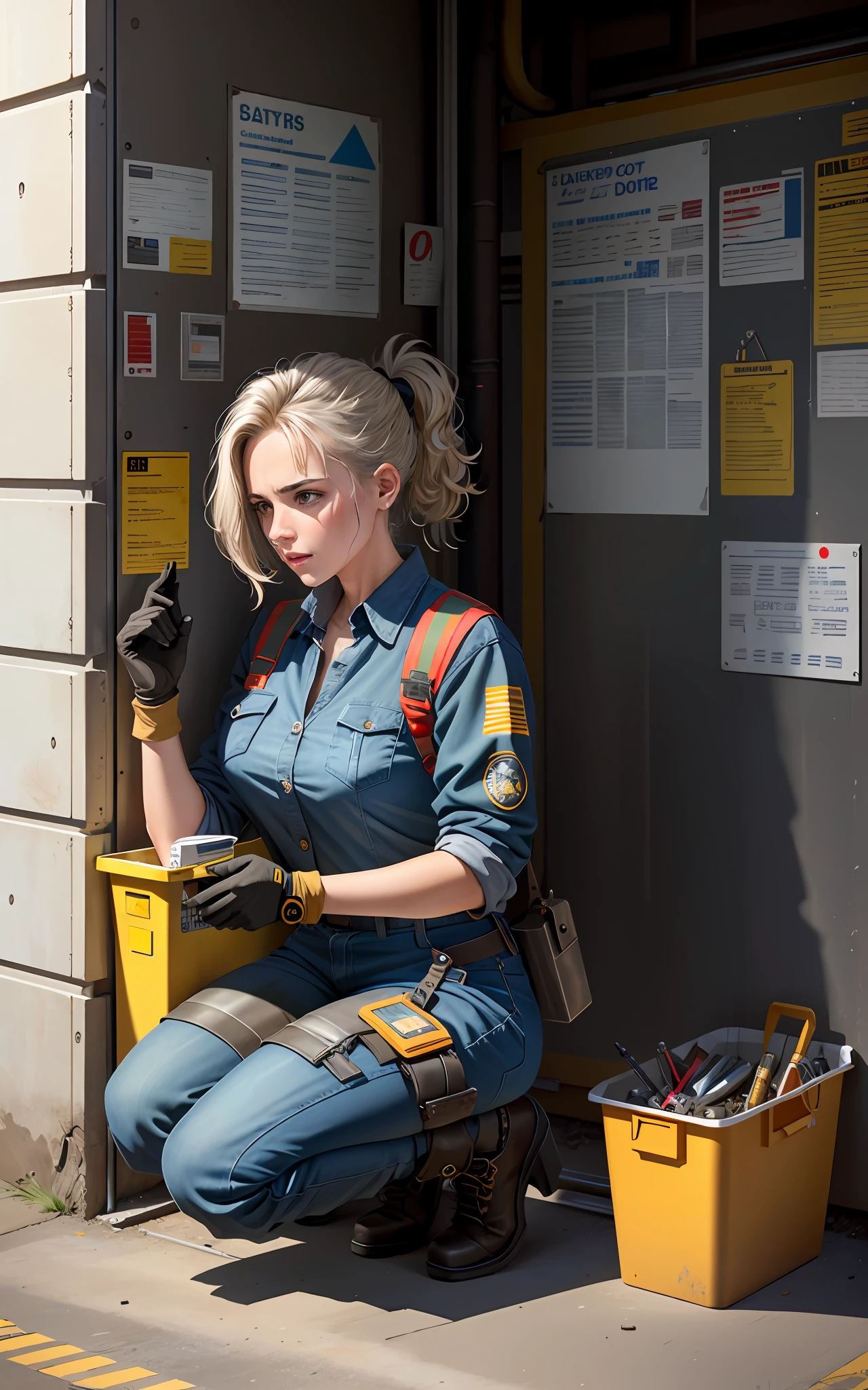 masterpiece, best quality, ultra-detailed, illustration, 1girl, solo, shiny, reflective, latex, work suit, voluptuous, body, squatting, detailed, work shoes, messy, workshop, industrial, high heels, black, red, silver, metallic, gloves, goggles, protective, equipment, machinery, tools, sparks, dirt, grime, oil, stains, sweat, exhaust, pipes, gauges, dials, buttons, levers, cables, wires, hydraulic, systems, hydraulic press, crane, pulley, welding, torch, grinder, drill, saw, hammer, screwdriver, wrench, pliers, spanner, toolbox, fire extinguisher, first aid kit, ventilation, ducts, light fixtures, emergency exit, warning signs, caution tape, posters, calendar, coffee mug, dirty, workbench, storage, shelves, bins, lockers, hard hat, safety vest, ear muffs, face shield, respirator, smoke, fumes, debris, concrete floor, concrete walls, metal beams, rivets, bolts, screws, nuts, washers, chains, ropes, hooks, clamps, magnets, bearings, lubricants, fluids, solvents, adhesives, lubrication, maintenance, repair, overhaul, upgrade, installation, assembly, fabrication, customization, prototype, research, development, testing, quality control, inspection, certification, compliance, regulation, standard, efficiency, productivity, innovation, excellence, satisfaction, teamwork, dedication, professionalism, empowerment, diversity, equality, respect, safety culture, industrial fashion, sci-fi, cyberpunk, dystopian