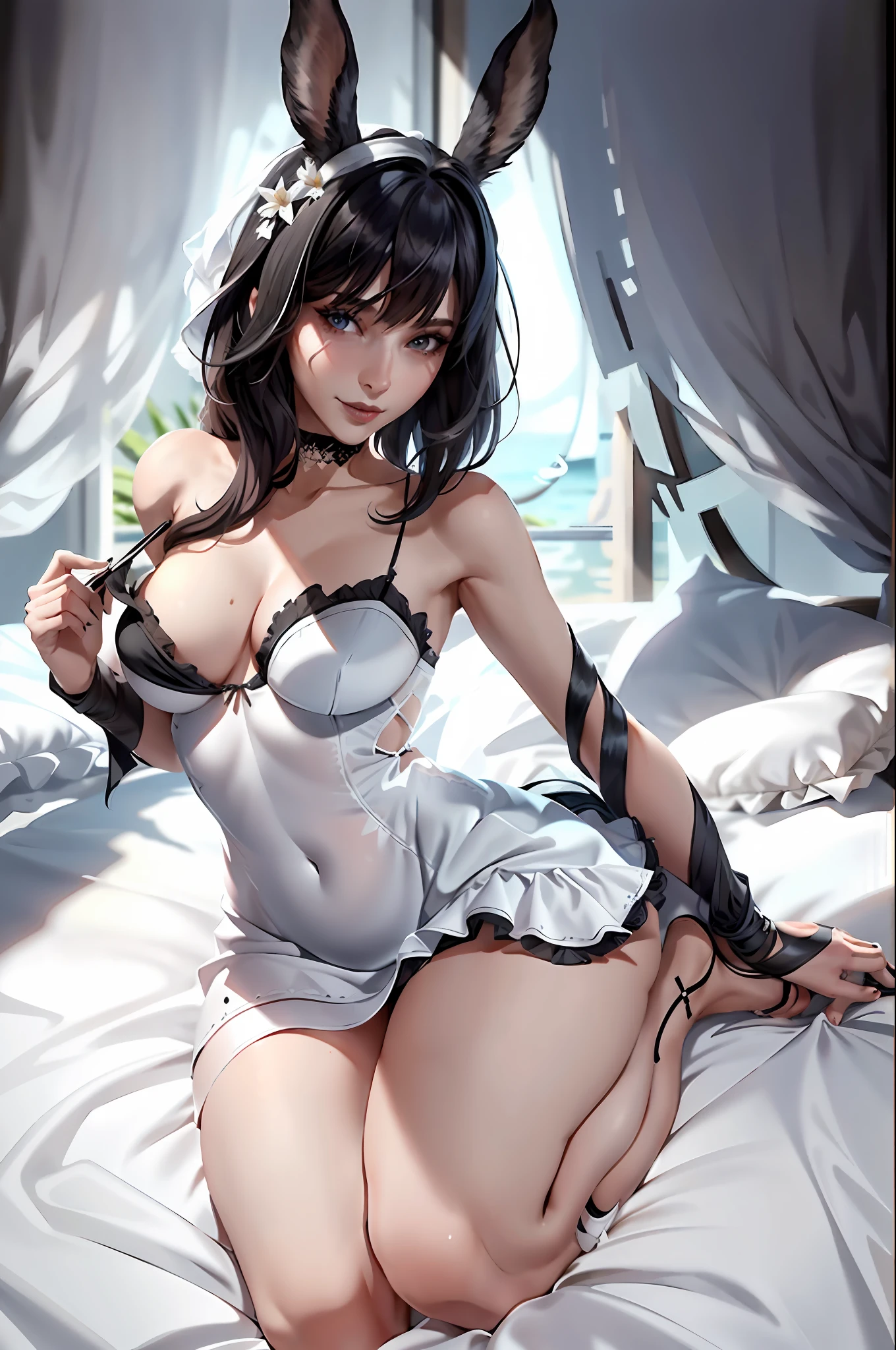(Masterpiece: 1.2, highest quality), (real photo, intricate details), 1 Lady, Solo, Casual, shoulder length hair, Minimal dark makeup, Face close-up, Smile, black hair, blue eyes, black furry bunny ears,((white summer dress)), (black lipstick), bedroom, viera, final fantasy xiv, lay down on bed, bed, ((seductive)), nipple outline, ((bangs)), choker