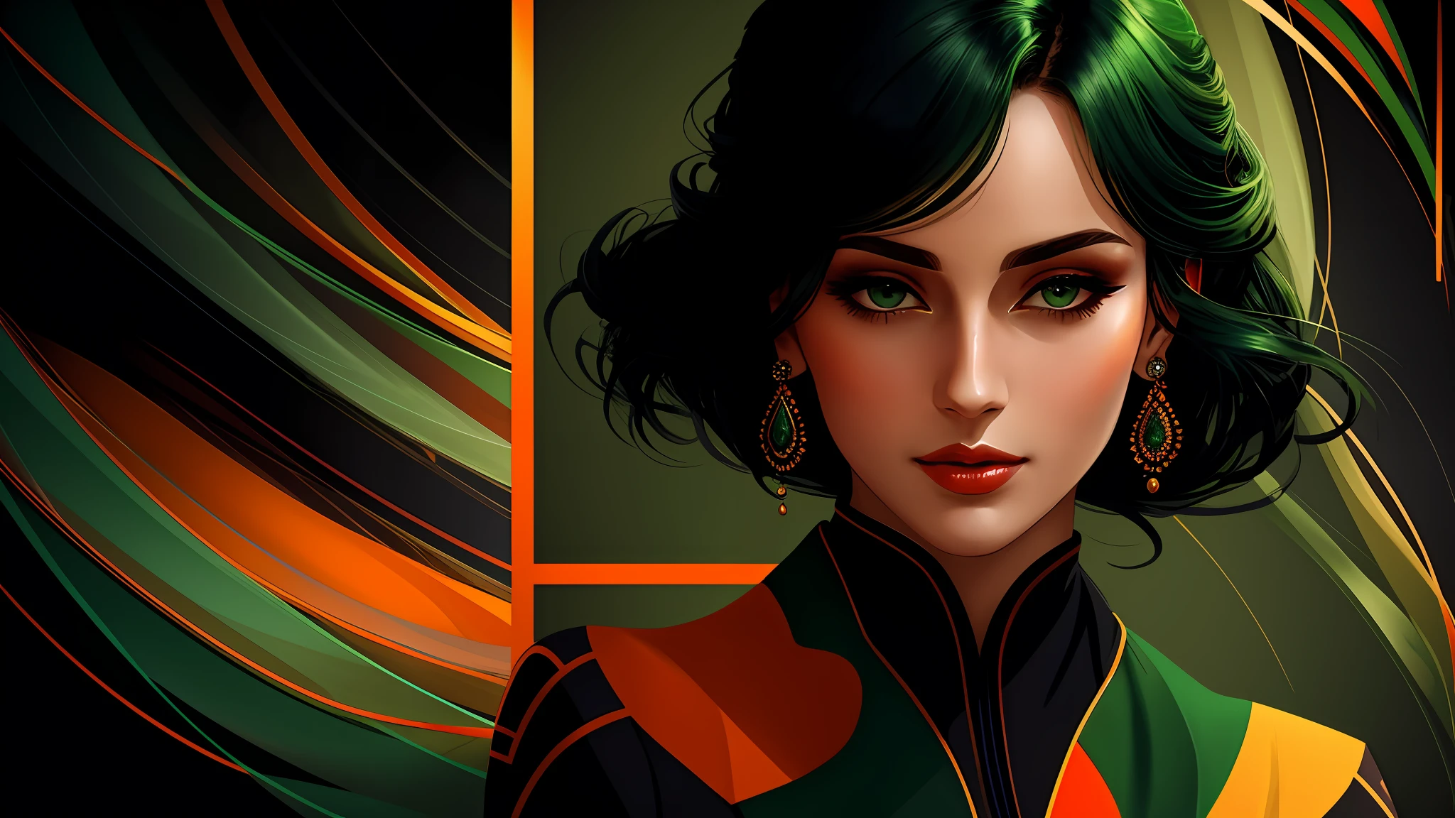 a close up of one elegant woman (character at the right), dark green and orange clothes, sensual face, 8k, digital art, stunning digital illustration, no text, flat colored abstract background, music elements
