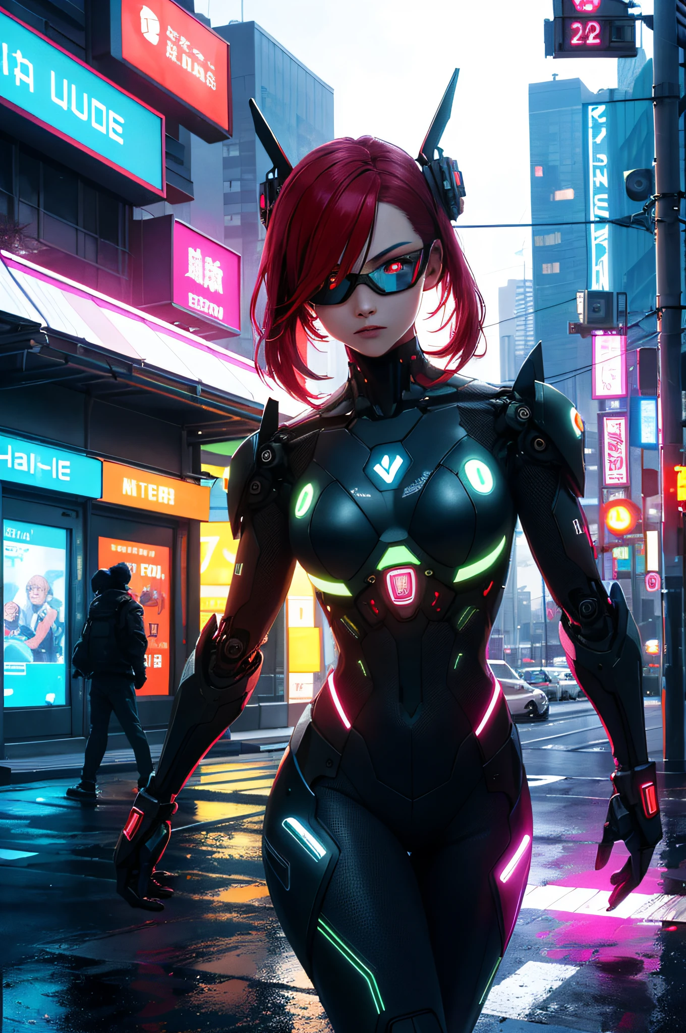 Absurd, High Resolution, Reflection, Refraction: 1.4, Ultra Fine: 1.4, (Realism: 1.4, Ultra High Resolution, RAW Photo), BREAK (Cyberpunk: 1.3), Robot, Robot Girl, Redhead, Beautiful Face and Cool Expression, Big Eyes, In a Dark Decay Parking Lot, (Ultra Wide Angle: 1.2), Shot from Below BREAK((Neon, vibrant glow, dynamic colors, sharp contrast, futuristic atmosphere, electrical energy, Reflective surface))