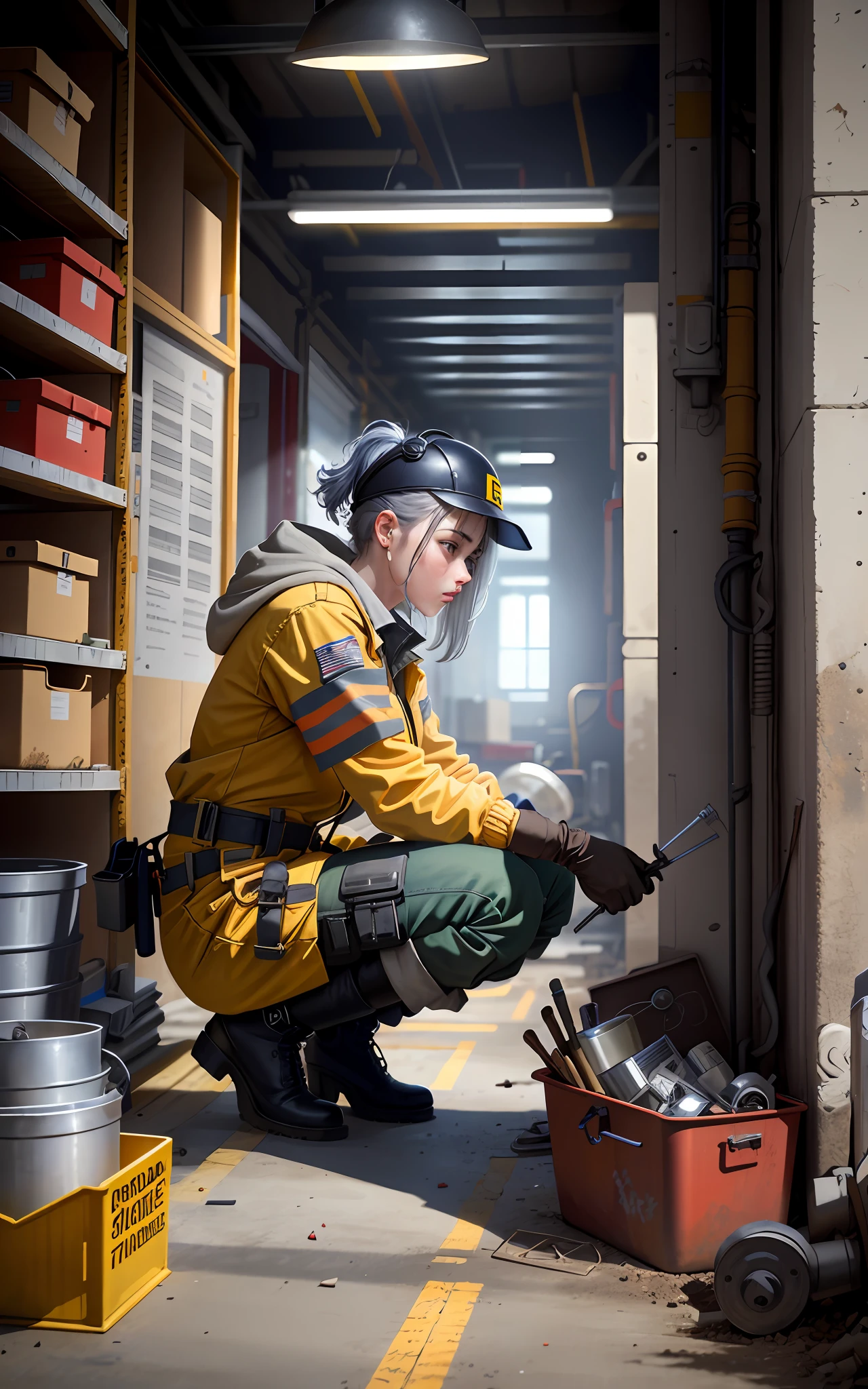 masterpiece, best quality, ultra-detailed, illustration, 1girl, solo, shiny, reflective, latex, work suit, voluptuous, body, squatting, detailed, work shoes, messy, workshop, industrial, high heels, black, red, silver, metallic, gloves, goggles, protective, equipment, machinery, tools, sparks, dirt, grime, oil, stains, sweat, exhaust, pipes, gauges, dials, buttons, levers, cables, wires, hydraulic, systems, hydraulic press, crane, pulley, welding, torch, grinder, drill, saw, hammer, screwdriver, wrench, pliers, spanner, toolbox, fire extinguisher, first aid kit, ventilation, ducts, light fixtures, emergency exit, warning signs, caution tape, posters, calendar, coffee mug, dirty, workbench, storage, shelves, bins, lockers, hard hat, safety vest, ear muffs, face shield, respirator, smoke, fumes, debris, concrete floor, concrete walls, metal beams, rivets, bolts, screws, nuts, washers, chains, ropes, hooks, clamps, magnets, bearings, lubricants, fluids, solvents, adhesives, lubrication, maintenance, repair, overhaul, upgrade, installation, assembly, fabrication, customization, prototype, research, development, testing, quality control, inspection, certification, compliance, regulation, standard, efficiency, productivity, innovation, excellence, satisfaction, teamwork, dedication, professionalism, empowerment, diversity, equality, respect, safety culture, industrial fashion, sci-fi, cyberpunk, dystopian
