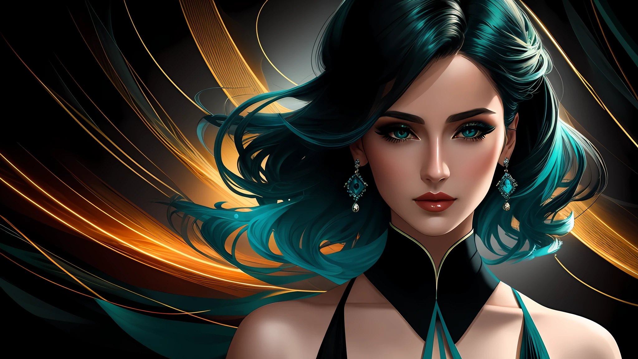 a close up of one elegant woman (character at the right), dark teal and black clothes, sensual face, 8k, digital art, stunning digital illustration, no text, colored abstract background, music elements