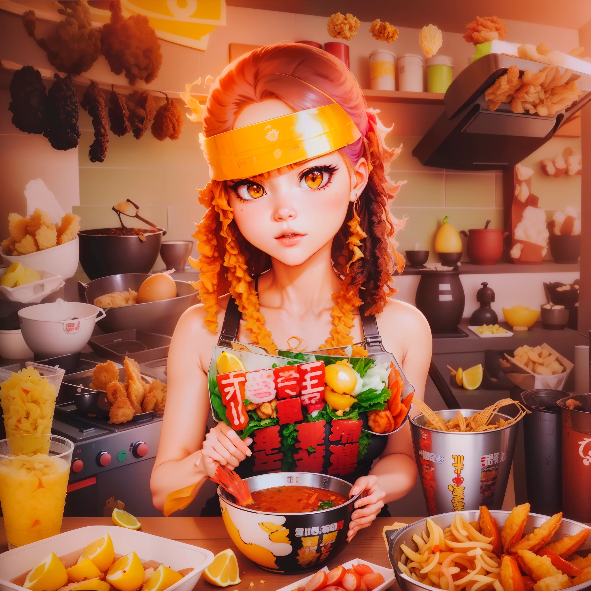 Detailed and high-quality CG illustrations modeled after girls in self service food style ((((anime))), (Activation style: Kitchen, Font style: Handwriting, View of the food road) Thai cuisine: Fried noodles, lemon, shrimp, eggs, lettuce, peanuts, chives, coconut milk, red peppers, peppers, crunchy texture of cereals, fresh chewy texture.