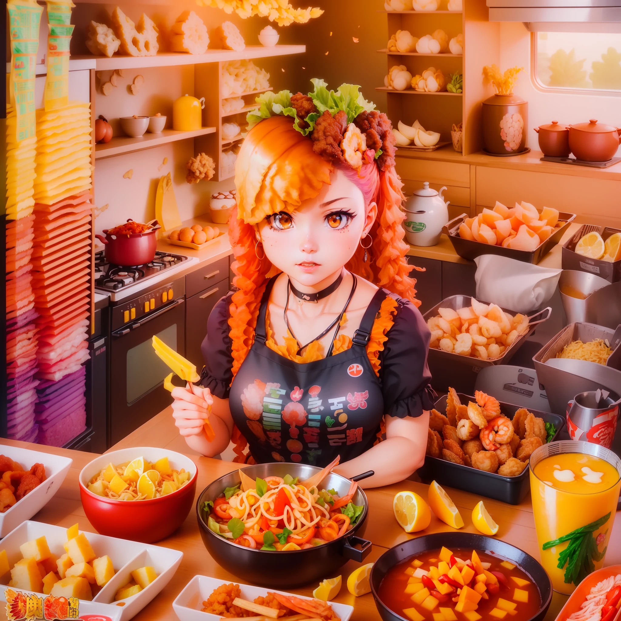 Detailed and high-quality CG illustrations modeled after girls in self service food style ((((anime))), (Activation style: Kitchen, Font style: Handwriting, View of the food road) Thai cuisine: Fried noodles, lemon, shrimp, eggs, lettuce, peanuts, chives, coconut milk, red peppers, peppers, crunchy texture of cereals, fresh chewy texture.