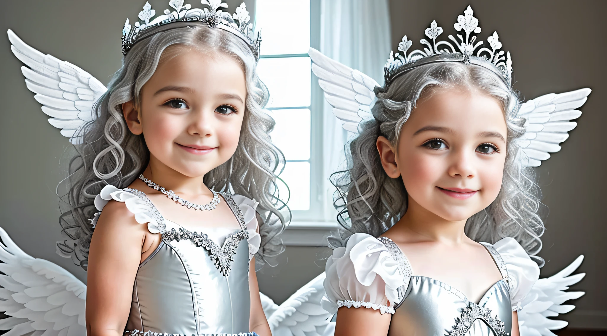 a closeup of a young CHILD wearing a white dress and a tiable, wearing a light gray crown, silver curly hair, white curly hair, in costume, alexa grace, posing in leotard and tiara, wearing angel halo, wears a light gray crown, curly white hair, smiling like a fairy queen, of a beautiful angel girl, Girl with angel wings