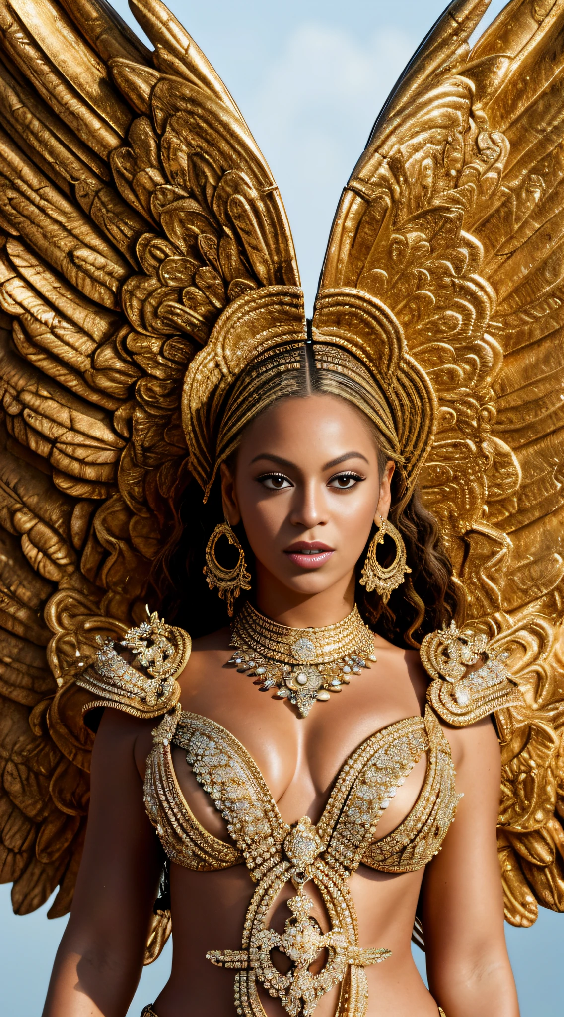 Photo of beyoncé, with details, accessories, inspired by saints, WHOLE BODY texture 4K, high quality, sky, celestial, angel wings, cloud world, gods, 8k image, high image quality,
